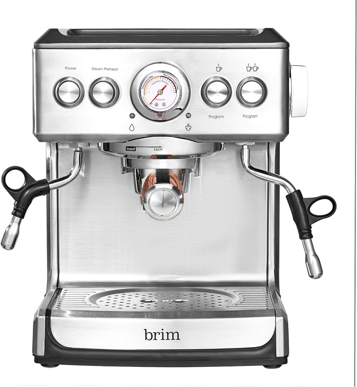 brim 19 Bar Espresso Machine, Fast Heating Cappuccino, Americano, Latte and Espresso Maker, Milk Steamer and Frother, Removable Parts for Easy Cleaning, Stainless Steel with Wood Accents