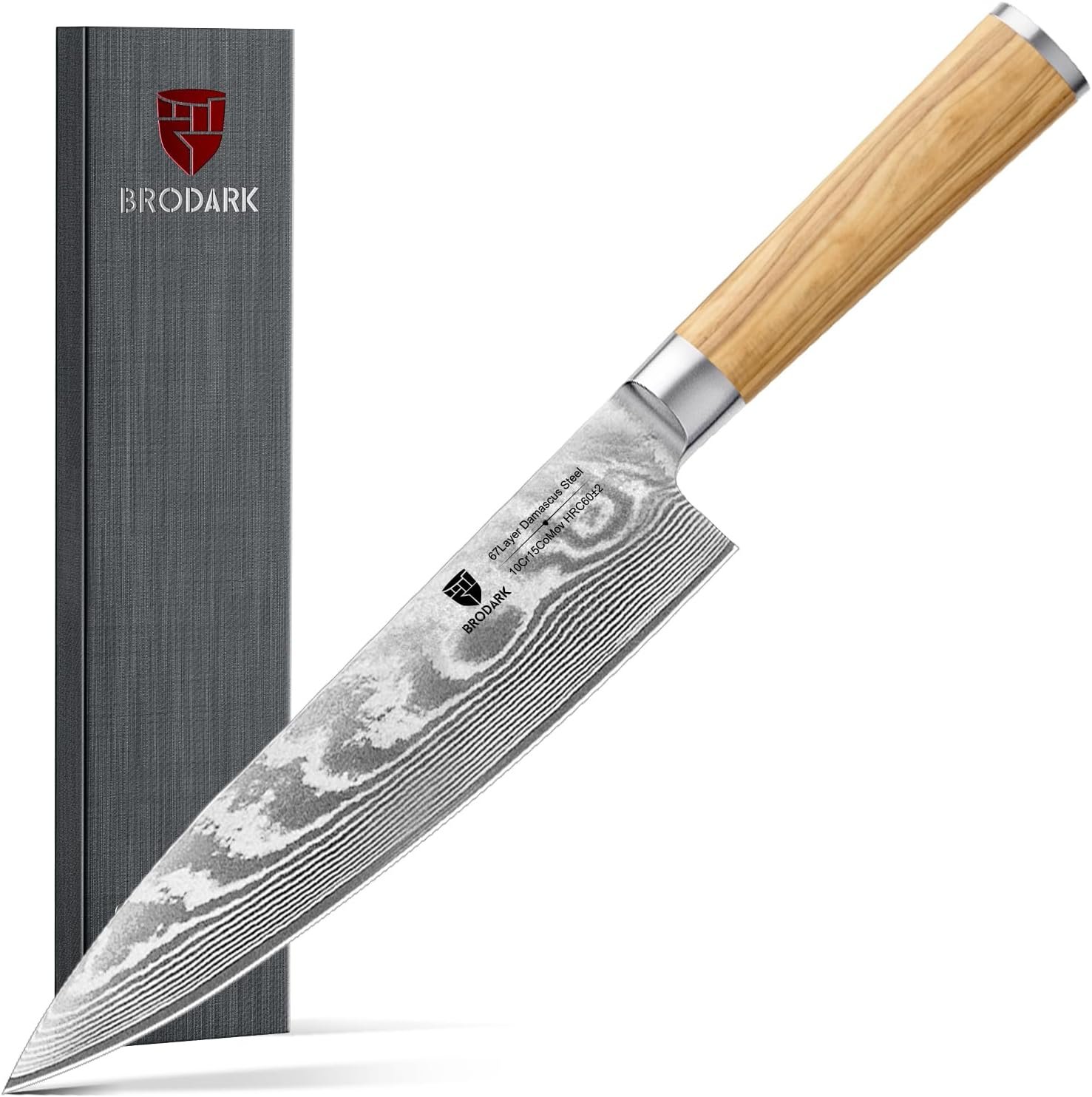 BRODARK Damascus Chef Knife 8 Inch,Japanese Kitchen Knife with VG10 Steel Core,Ultra Sharp Professional Chefs Knife,Olive Wood Handle,High Carbon Stainless Steel Cooking Knife,Gift Box