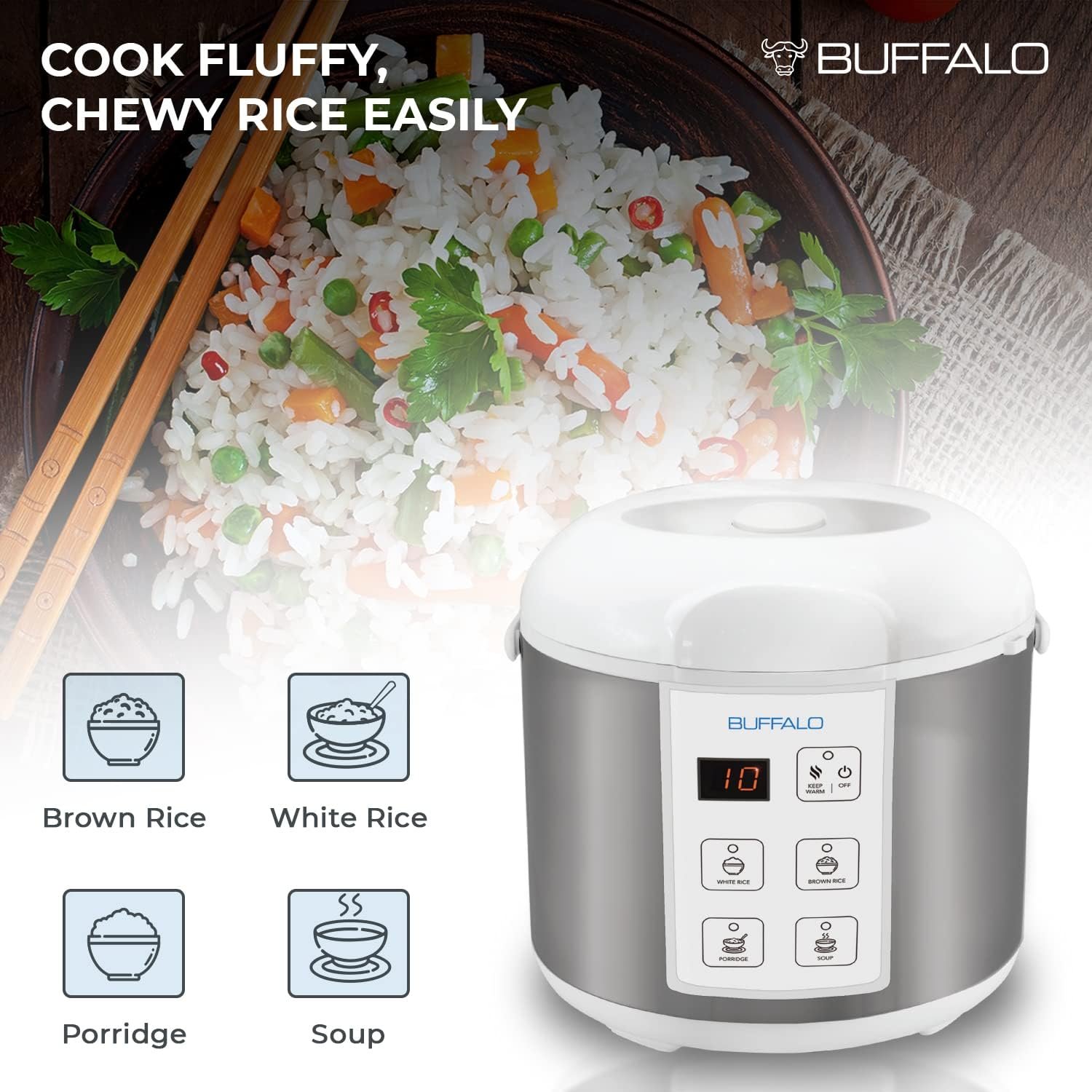 buffalo-classic-rice-cooker-with-clad-stainless-steel-inner-pot-10-cups-electric-rice-cooker-for-whitebrown-rice-grain-e - Cooking Appliance World