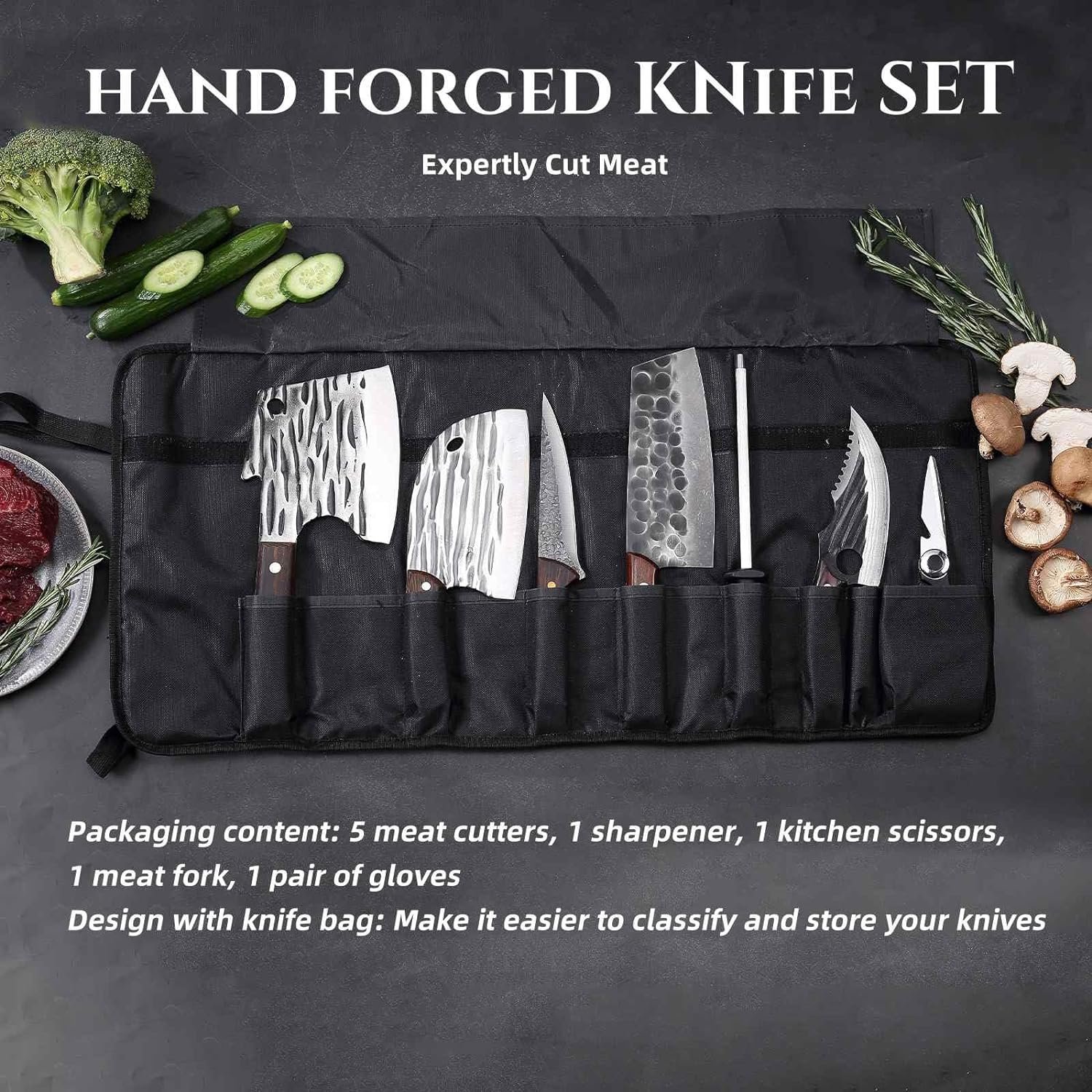 Butcher Chef Knife Set with Bag，High Carbon Steel Meat Cleaver for Meat Cutting Processing,Hand Forged Boning Carving Knife，Vegetable BBQ Camping Viking Knife