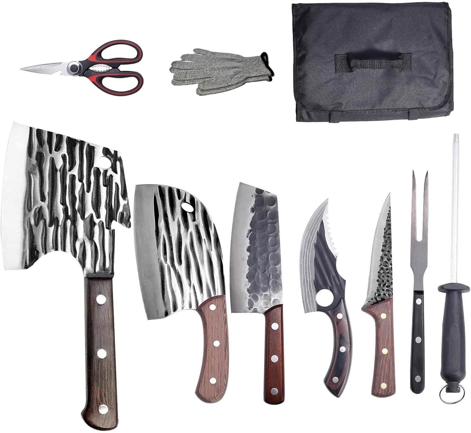 Butcher Chef Knife Set with Bag，High Carbon Steel Meat Cleaver for Meat Cutting Processing,Hand Forged Boning Carving Knife，Vegetable BBQ Camping Viking Knife