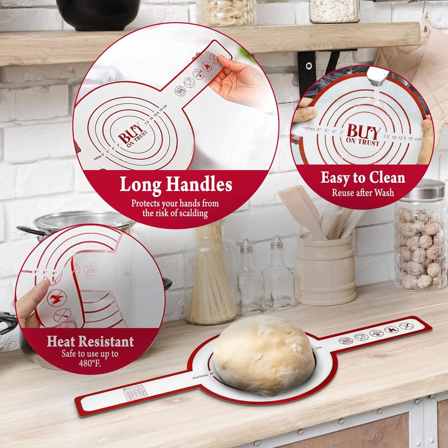BuyOnTrust Silicone Bread Baking Mat - Heat-Resistant Bread Sling Withstands Up to 480F - Non-Stick Sourdough Silicone Baking Sheet for Dutch Oven - Reusable Baking Mat - Dishwasher-Safe Dough Mat