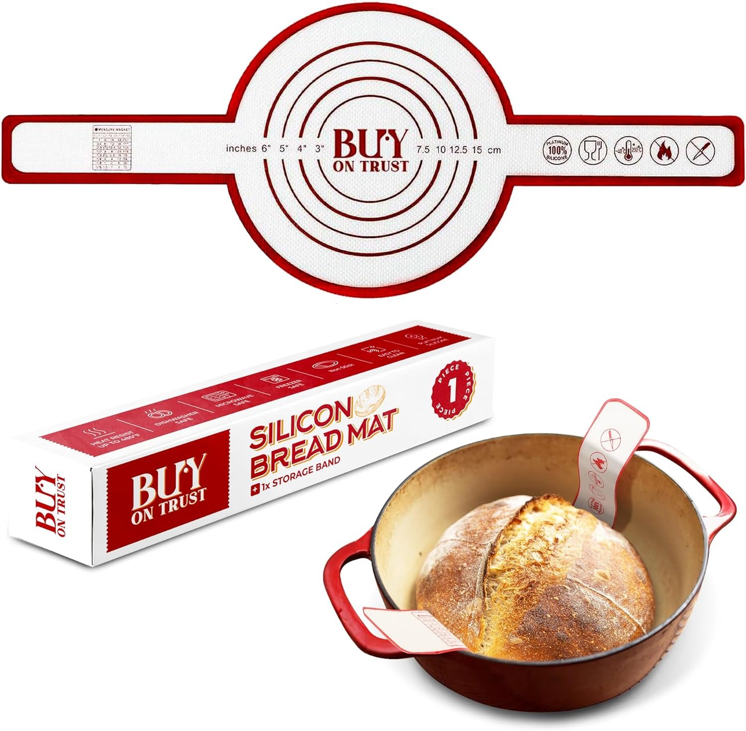 BuyOnTrust Silicone Bread Baking Mat - Heat-Resistant Bread Sling Withstands Up to 480F - Non-Stick Sourdough Silicone Baking Sheet for Dutch Oven - Reusable Baking Mat - Dishwasher-Safe Dough Mat