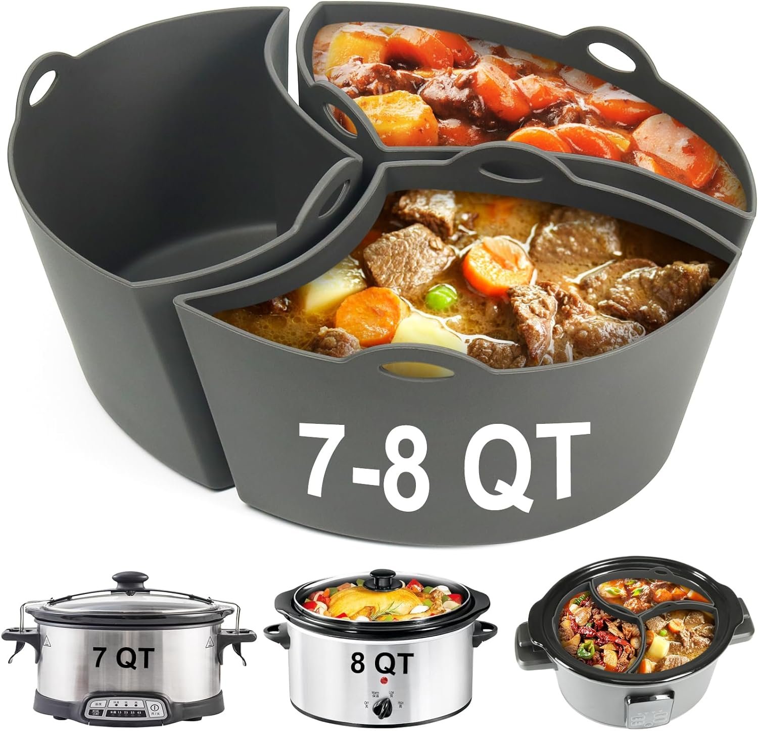 BYKITCHEN 7-8 Quart Silicone Slow Cooker Divider Liner Compatible with Crockpot, Hamilton Beach Slow Cooker, 3-in-1, Large Reusable Slow Cooker Divider Insert for Most 7-8 QT Oval Slow Cooker