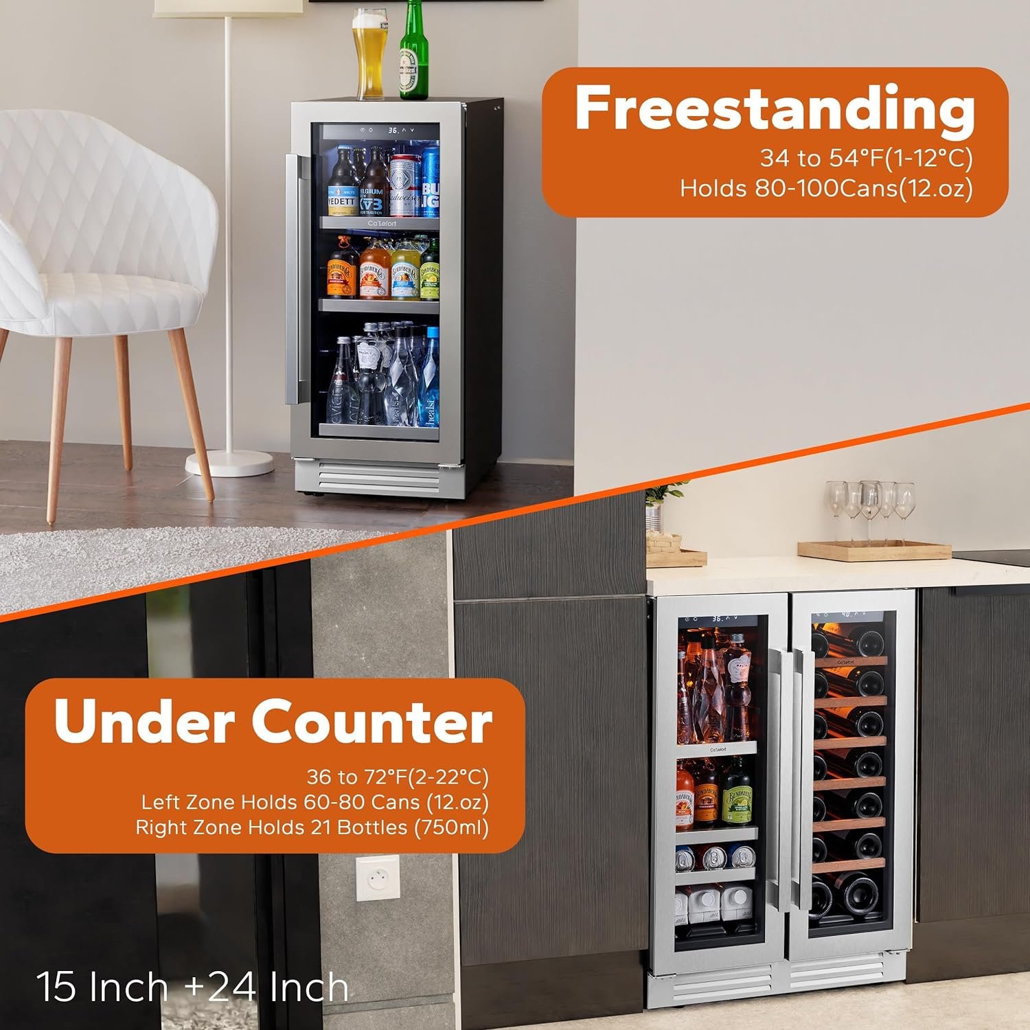 CaLefort Wine and Beverage Refrigerator, Built-in 39 Inch Beverage Wine Fridge with 3 Color Lighting, Touch Temp Chilled 34°F-72°F, Holds 180 Cans and 21 Bottles (15  24)…