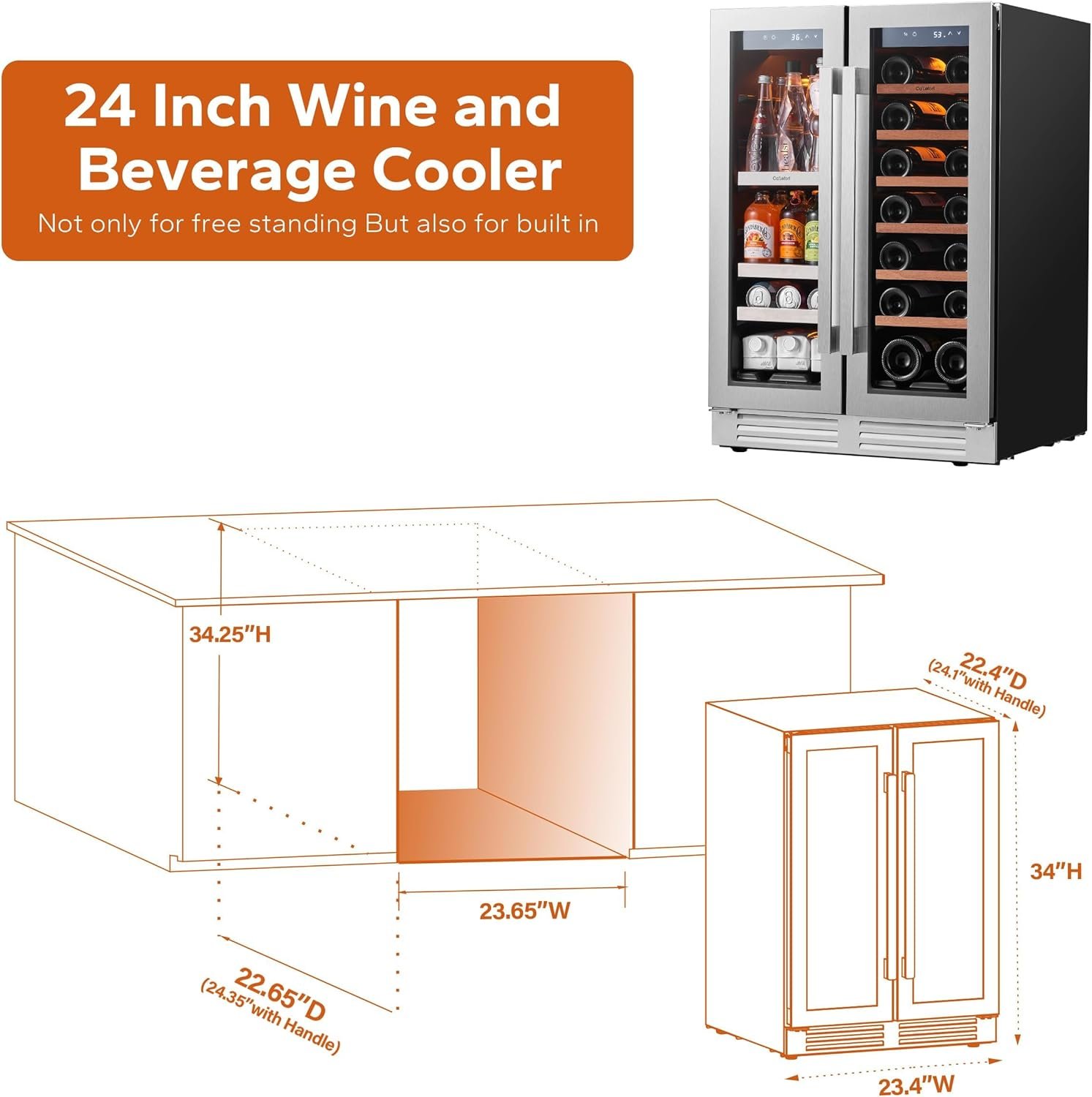 CaLefort Wine and Beverage Refrigerator, Built-in 39 Inch Beverage Wine Fridge with 3 Color Lighting, Touch Temp Chilled 34°F-72°F, Holds 180 Cans and 21 Bottles (15  24)…