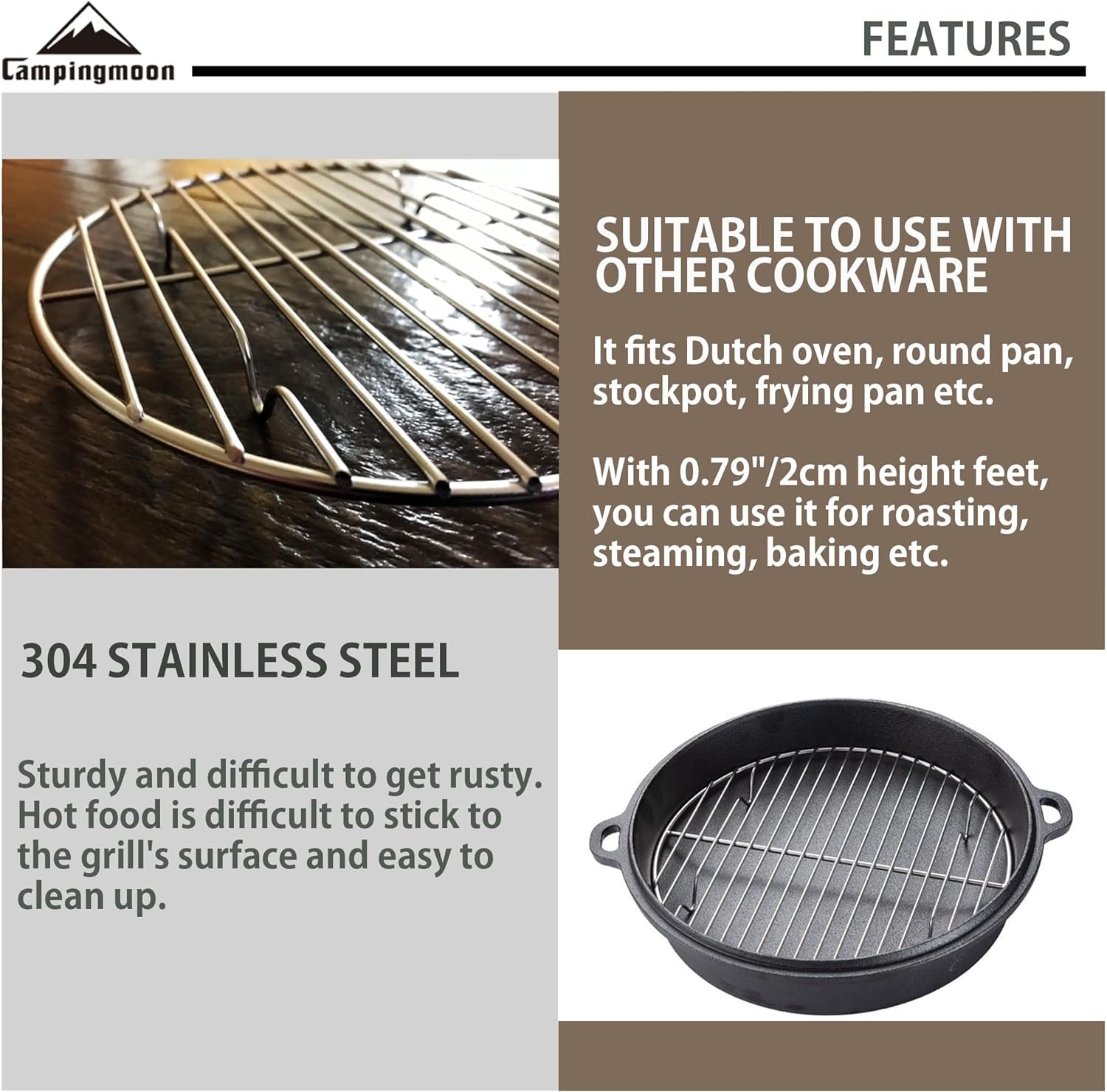 CAMPINGMOON 2pcs φ9.5-inch Round Cooling Rack Roasting Rack for Baking Food Grade 304 Stainless SteelW24-2P