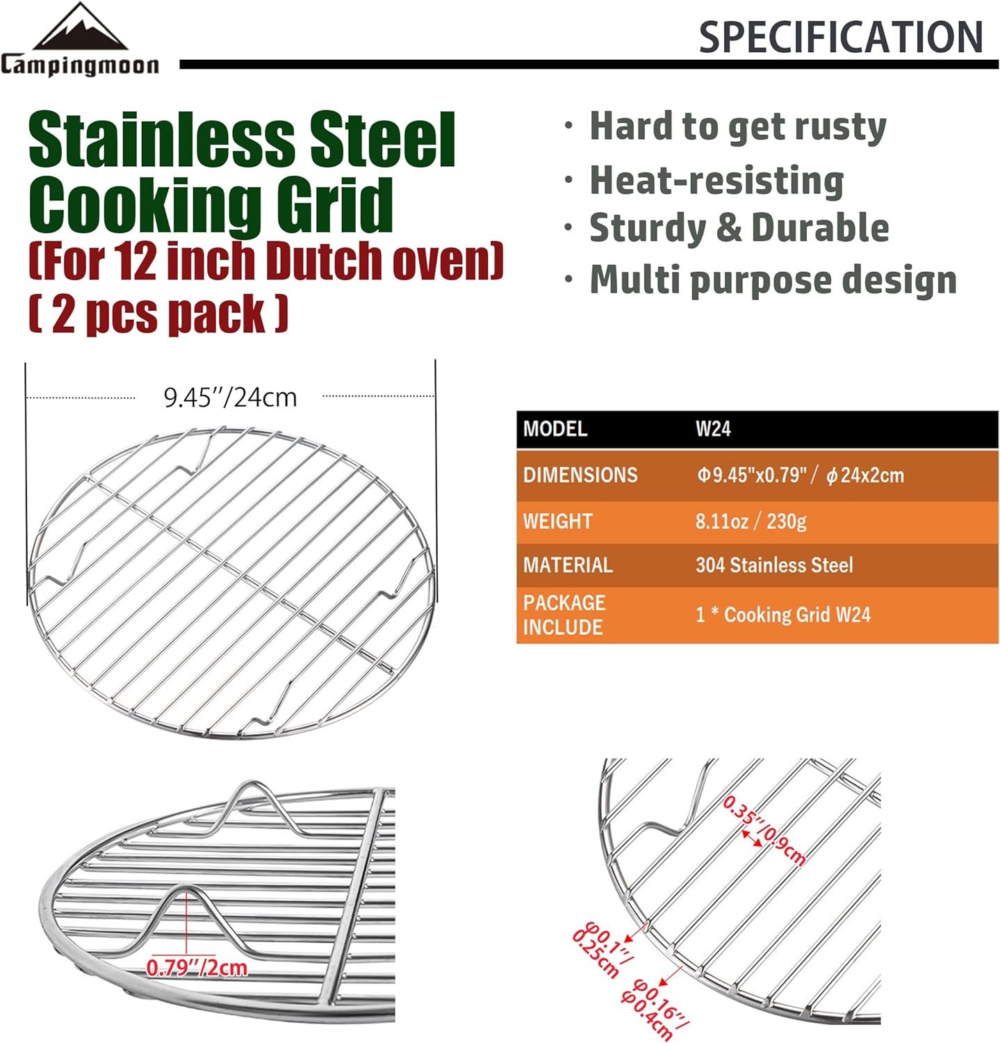 CAMPINGMOON 2pcs φ9.5-inch Round Cooling Rack Roasting Rack for Baking Food Grade 304 Stainless SteelW24-2P