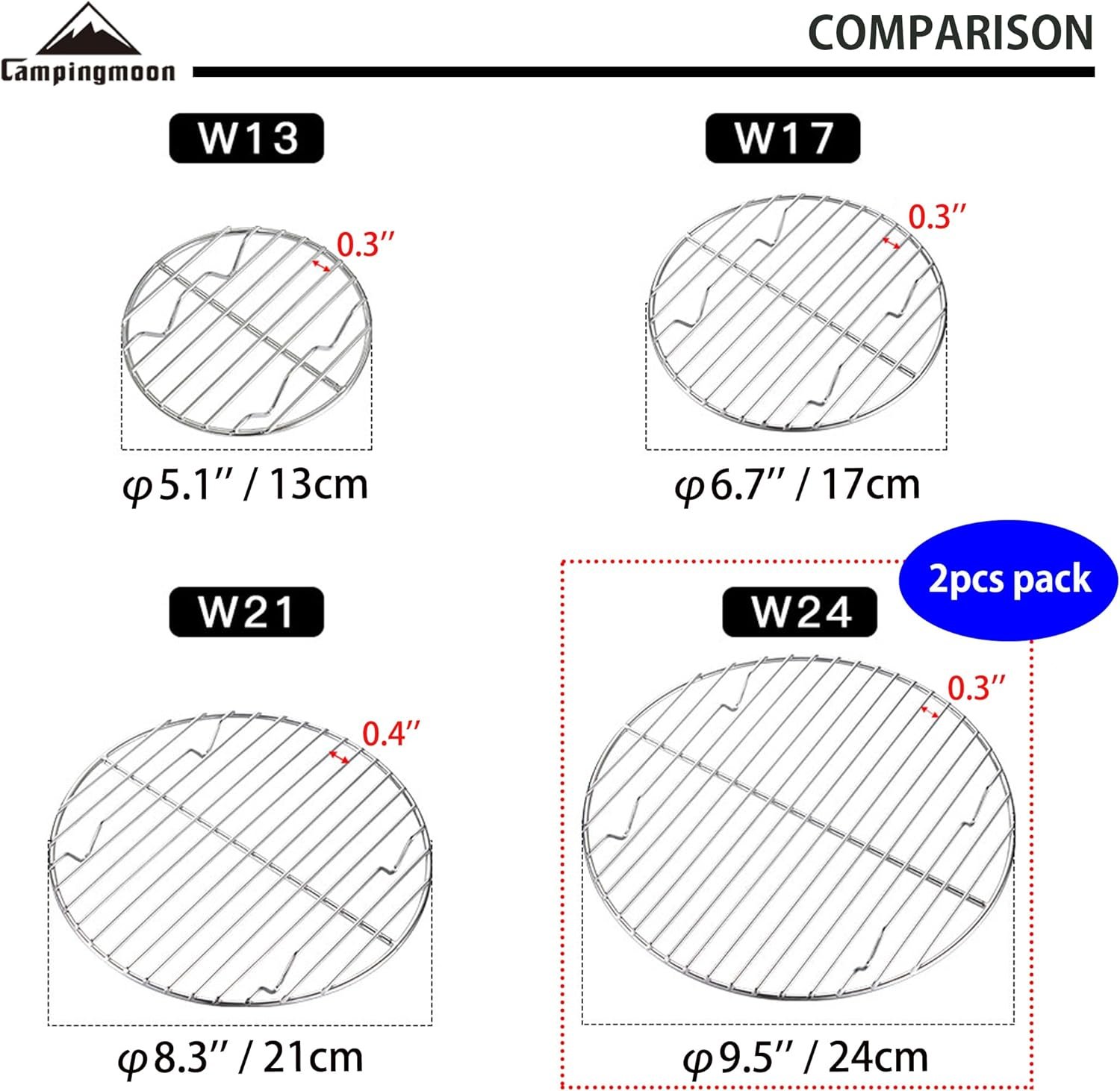 CAMPINGMOON 2pcs φ9.5-inch Round Cooling Rack Roasting Rack for Baking Food Grade 304 Stainless SteelW24-2P