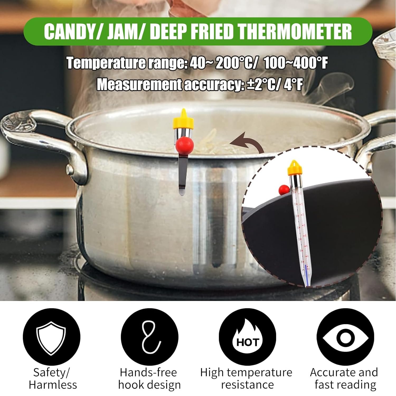 Candy Thermometer Deep Fry Thermometer with Pot Clip, Instant Read Glass Thermometer Candy, Syrup, Jam, Jelly, Sugar, Deep Fry Food Thermometer Kitchen Accessories for Home Cooking Thermometer