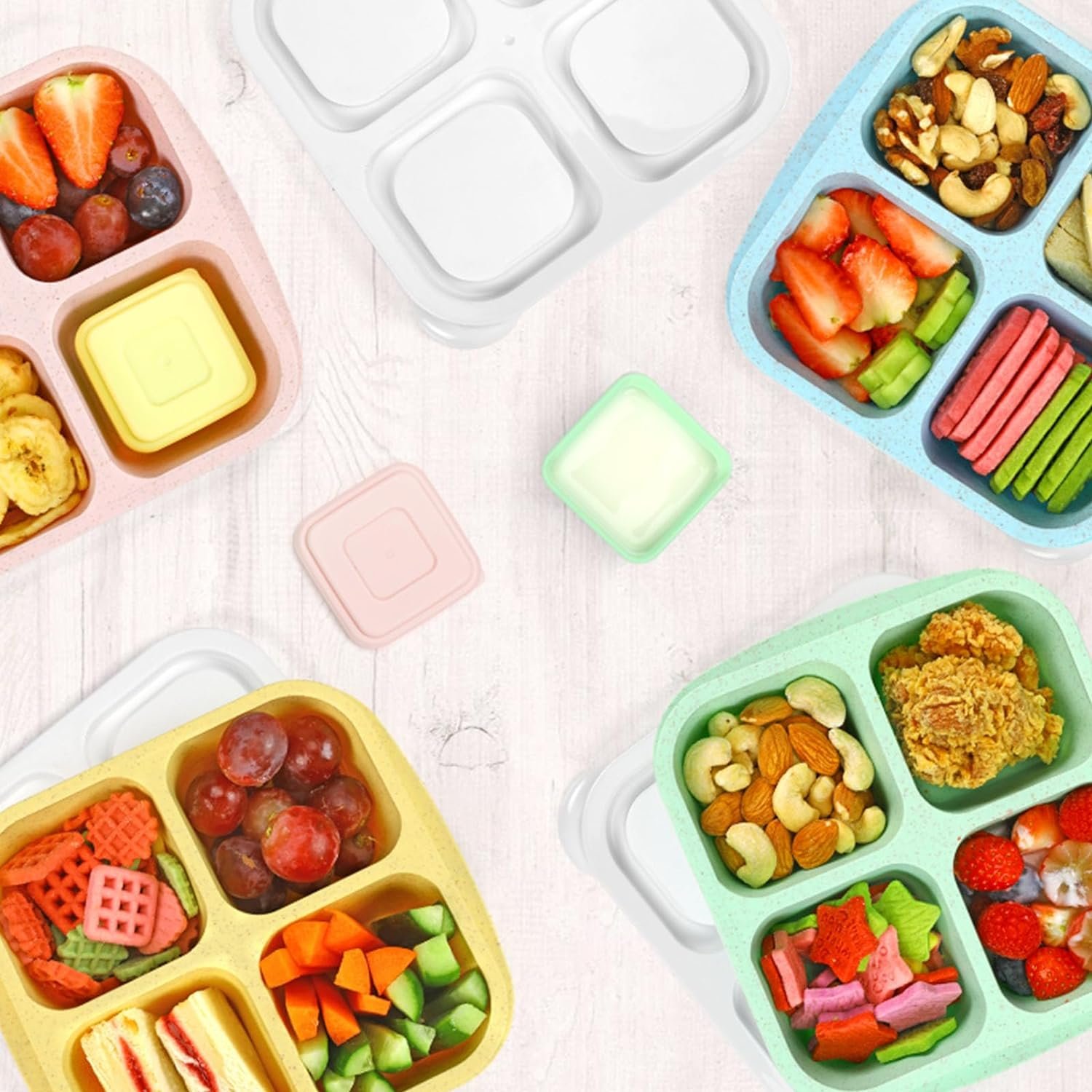 Caperci Lunchable Snack Containers - 4 Compartments Bento Snack Boxes (4 Pack) with 2 Leakproof Sauce Containers, Reusable Divided Food Containers for School, Work, Travel (Jewel Brights)