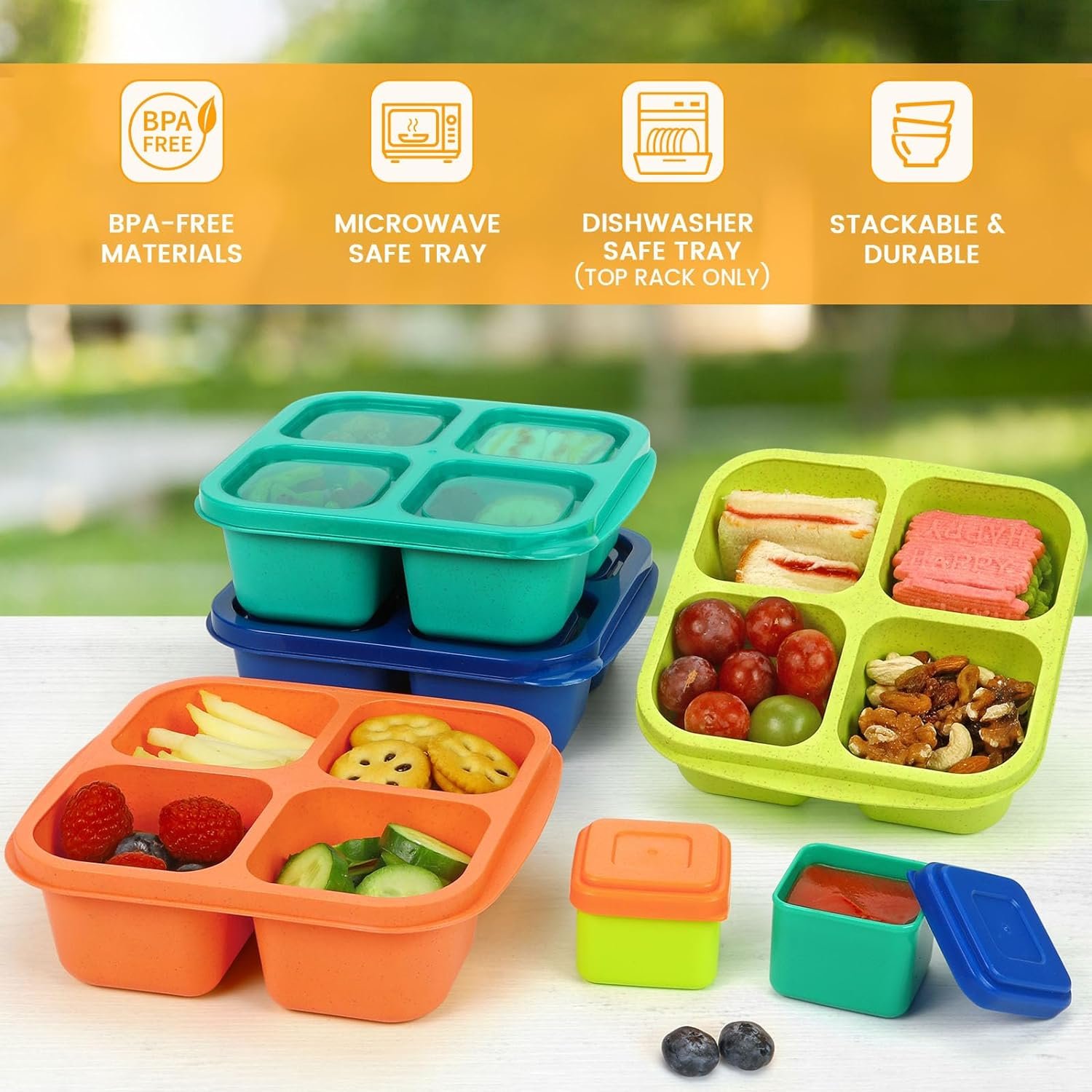 Caperci Lunchable Snack Containers - 4 Compartments Bento Snack Boxes (4 Pack) with 2 Leakproof Sauce Containers, Reusable Divided Food Containers for School, Work, Travel (Jewel Brights)