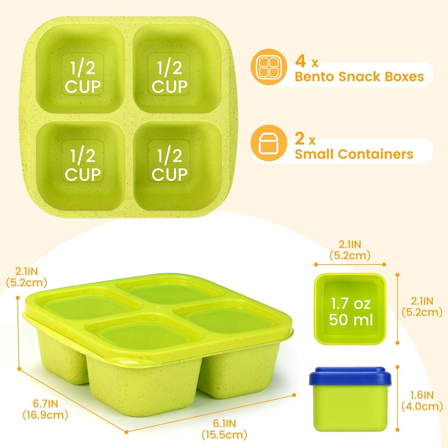 Caperci Lunchable Snack Containers - 4 Compartments Bento Snack Boxes (4 Pack) with 2 Leakproof Sauce Containers, Reusable Divided Food Containers for School, Work, Travel (Jewel Brights)