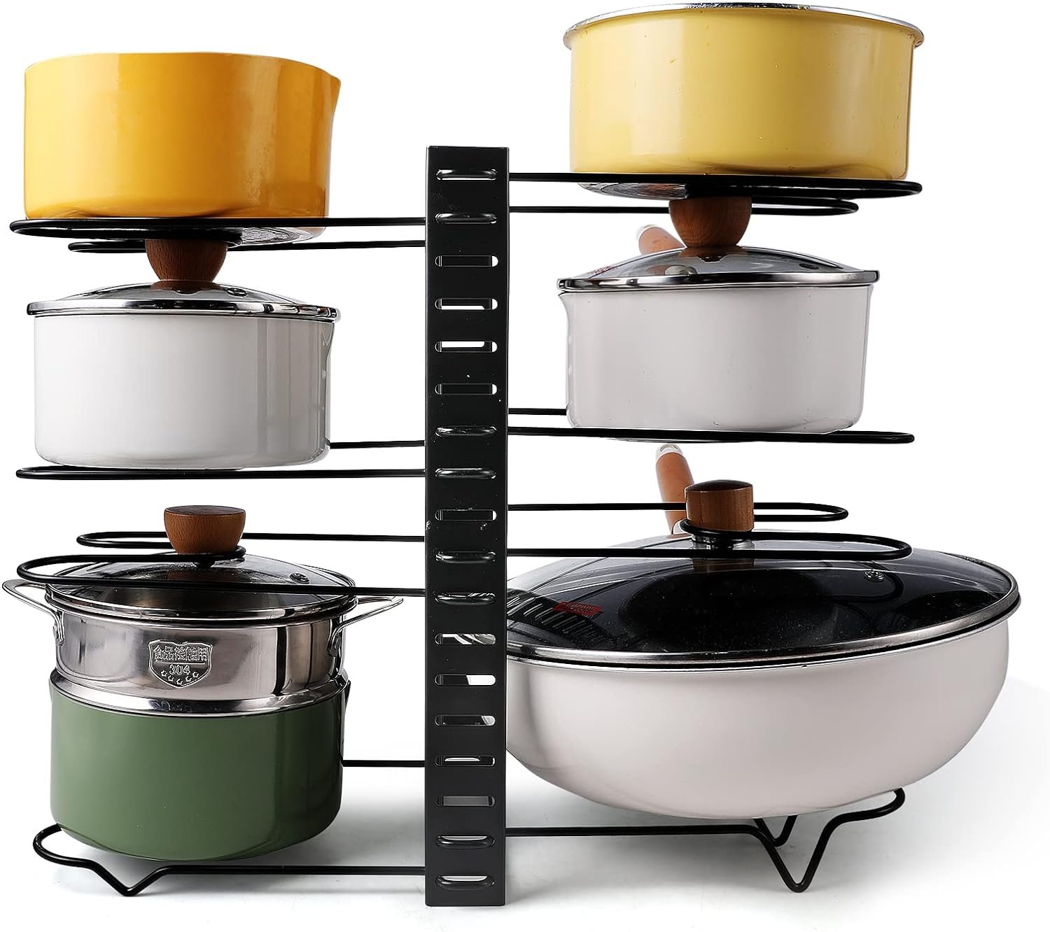 Carbon Steel 8-Tier Pot Rack with 3 DIY Methods, Adjustable Pan Organizer for Kitchen Storage