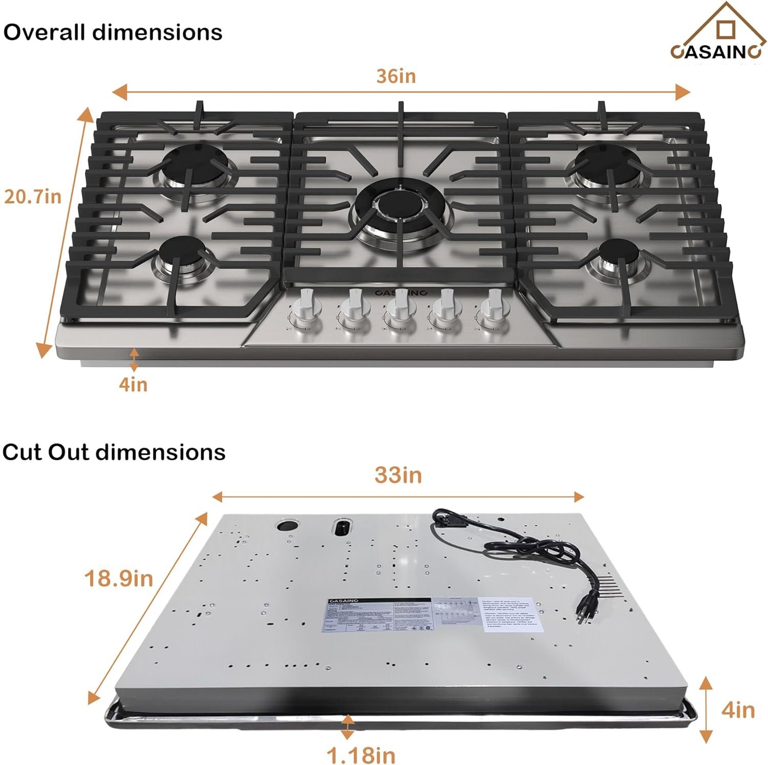 CASAINC 30 inch Gas Cooktop with 5 Power Burners, Built-in Gas Stove top of 304 Stainless steel, Gas Hob NG/LPG Convertible, Gas Cooker with Thermocouple Protection, CSA Certified CASAINC 30 inch Gas Cooktop with 5 Power Burners, Built-in Gas Stove top of 304 Stainless steel, Gas Hob NG/LPG Convertible, Gas Cooker with Thermocouple Protection, CSA Certified