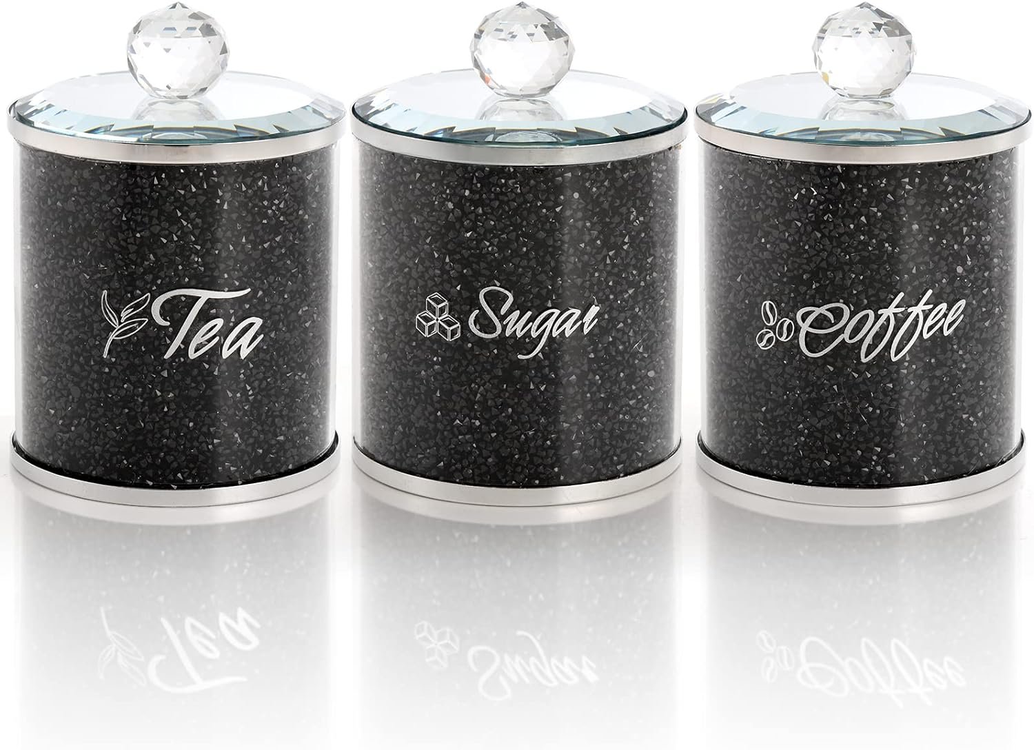 Cedilis 3 Pack Decorative Kitchen Canisters, Coffee Sugar Tea Storage Container Jars with Crushed Crystal Diamonds, Bling Glass Kitchen Food Storage Containers Jar, Black Cedilis 3 Pack Decorative Kitchen Canisters, Coffee Sugar Tea Storage Container Jars with Crushed Crystal Diamonds, Bling Glass Kitchen Food Storage Containers Jar, Black