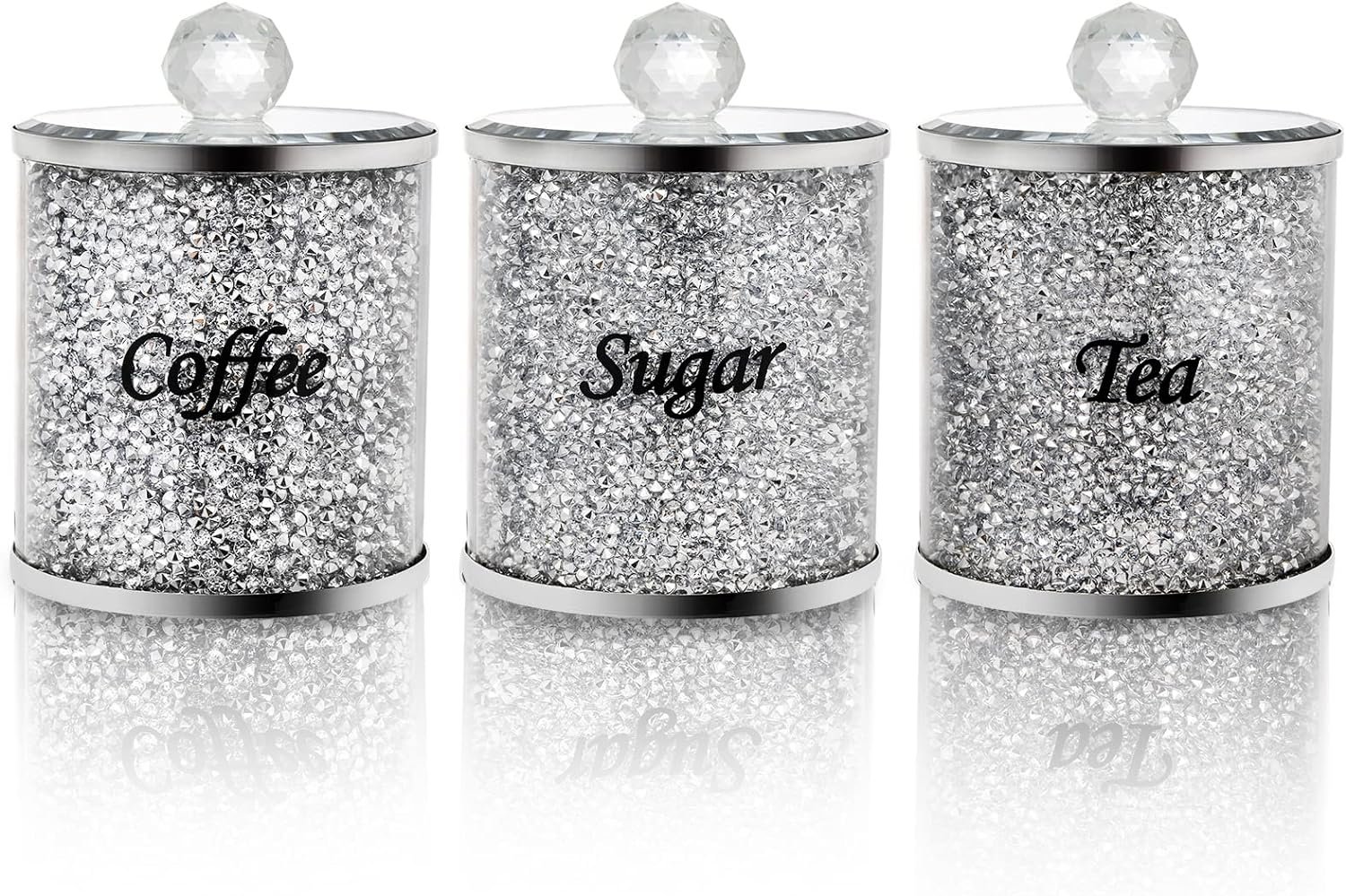 Cedilis 3 Pack Decorative Kitchen Canisters, Coffee Sugar Tea Storage Container Jars with Crushed Crystal Diamonds, Bling Glass Kitchen Food Storage Containers Jar, Black Cedilis 3 Pack Decorative Kitchen Canisters, Coffee Sugar Tea Storage Container Jars with Crushed Crystal Diamonds, Bling Glass Kitchen Food Storage Containers Jar, Black