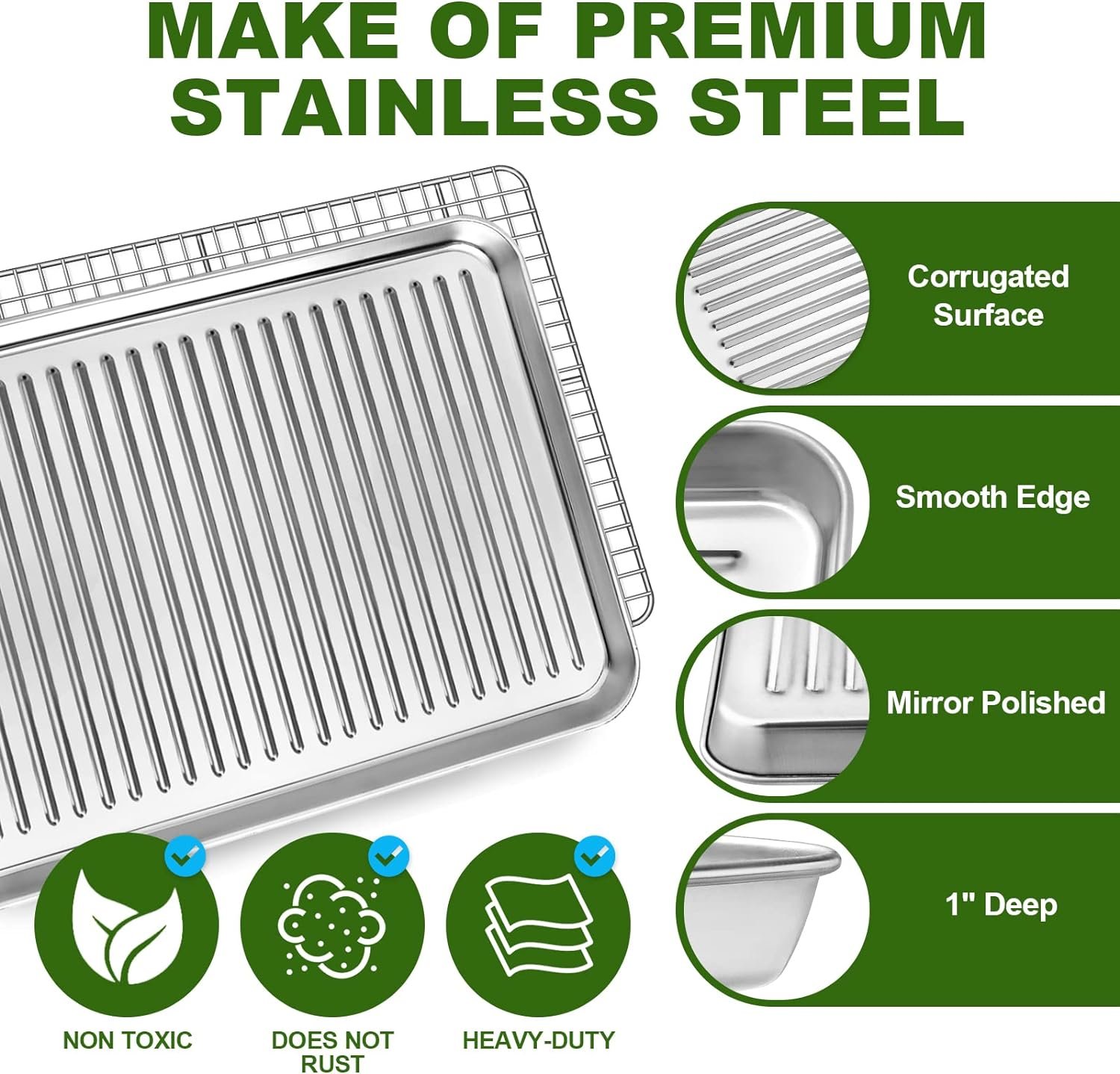 CEKEE Small Baking Sheet with Wire Rack Set [2 Baking Pans + 2 Cooling Racks], Stainless Steel Cookie Sheets for Baking, Warp Resistant  Heavy Duty  Rust Free, Size 9.3 × 6.9 x 1 Inches