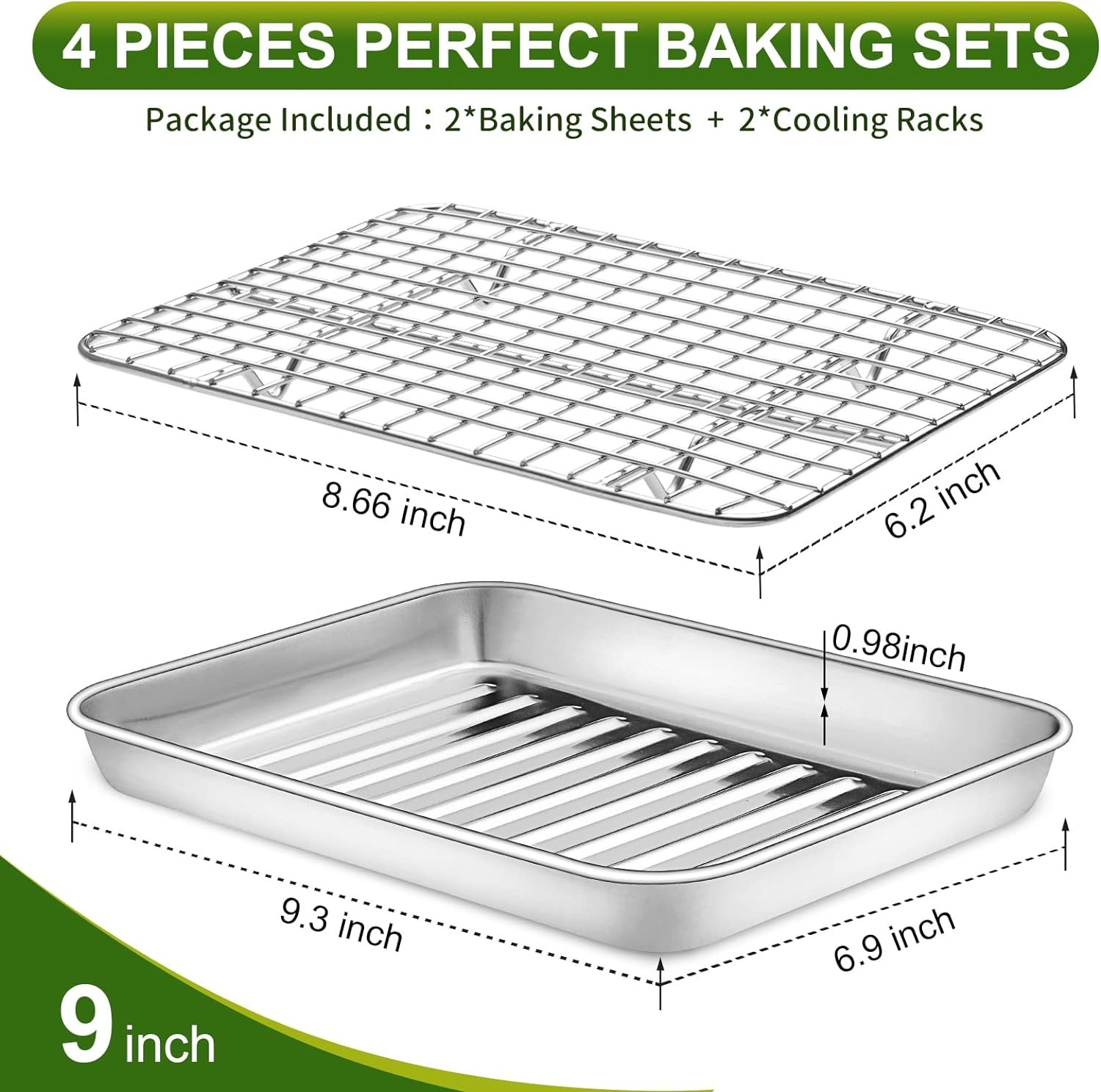 CEKEE Small Baking Sheet with Wire Rack Set [2 Baking Pans + 2 Cooling Racks], Stainless Steel Cookie Sheets for Baking, Warp Resistant  Heavy Duty  Rust Free, Size 9.3 × 6.9 x 1 Inches