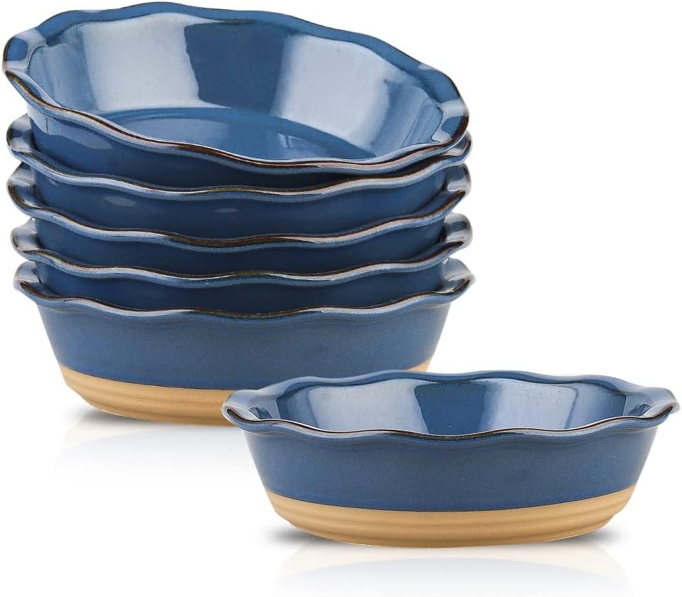 Ceramic Pot Pie Pans Set of 6, 6 Inch Pie Pan, Mini Pie Tins for Dessert Kitchen, Non-Stick Pot Pie Dishes with Ruffled Edge, Pot Pie Baking Dishes, Farmhouse Style (White)
