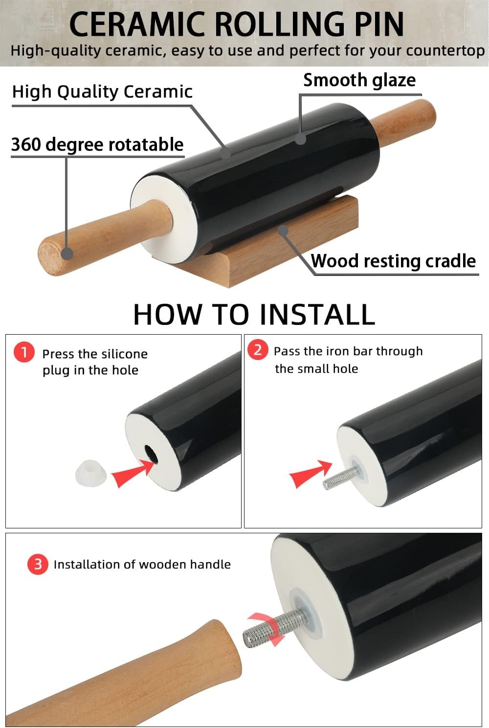 Ceramic Rolling Pin,16 inch with Wooden Handle and Stand, Rolling Pin for Baking Pastry, Pizza, Dough, Cookie, Pie Crust, Pasta, Bakery, Non-Stick Surface, Easy to Clean (Navy) Ceramic Rolling Pin,16 inch with Wooden Handle and Stand, Rolling Pin for Baking Pastry, Pizza, Dough, Cookie, Pie Crust, Pasta, Bakery, Non-Stick Surface, Easy to Clean (Navy)