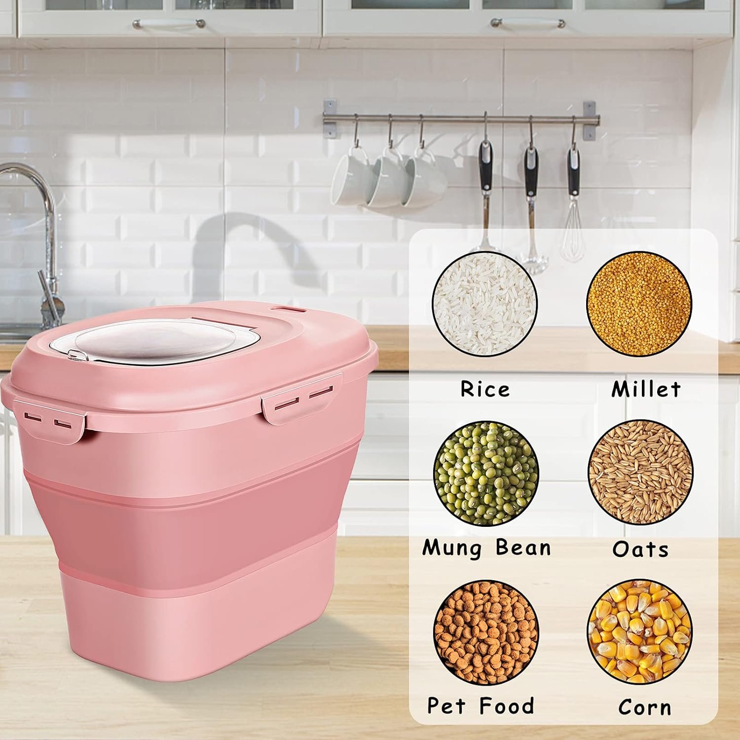 Cereal Rice Food Storage Containers, Collapsible 20 to 50 Lbs Dispenser Bin with Rolling Wheel Airtight Locking Lid, Dog Pet Cat Flour Sugar Plastic Leakproof Sealable Large Kitchen Pantry Holder Cereal Rice Food Storage Containers, Collapsible 20 to 50 Lbs Dispenser Bin with Rolling Wheel Airtight Locking Lid, Dog Pet Cat Flour Sugar Plastic Leakproof Sealable Large Kitchen Pantry Holder
