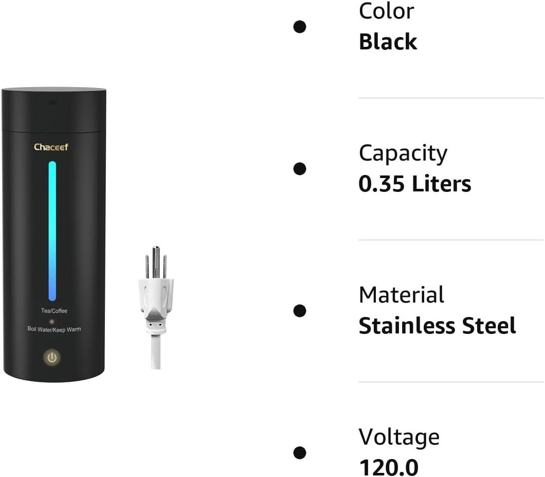 CHACEEF Travel Electric Kettle, 350ml Small Portable Kettle, Travel Kettle with Non-stick Coating, BPA Free, 3 Colors LED Water Boiler with Keep Warm Function, Fast Boil and Auto Shut Off, White