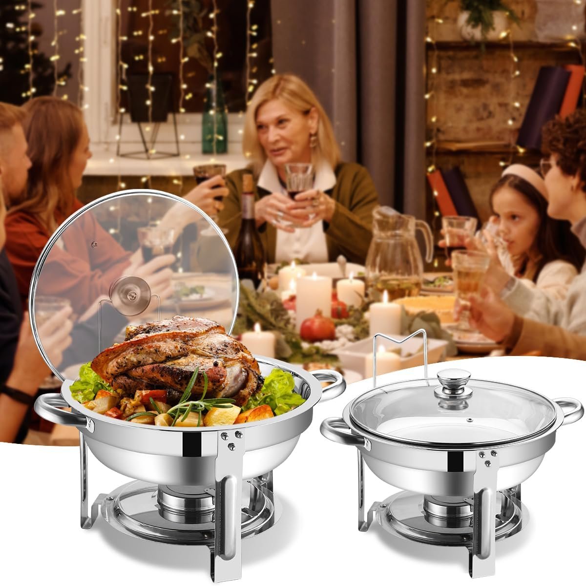 Chafing Dish Buffet Set 4 Pack,Stainless Steel Round Buffet Servers and Warmers with Glass Lid and Built-in Lid Holder,Chafers for Catering,5QT Food Warmer for Parties Buffet