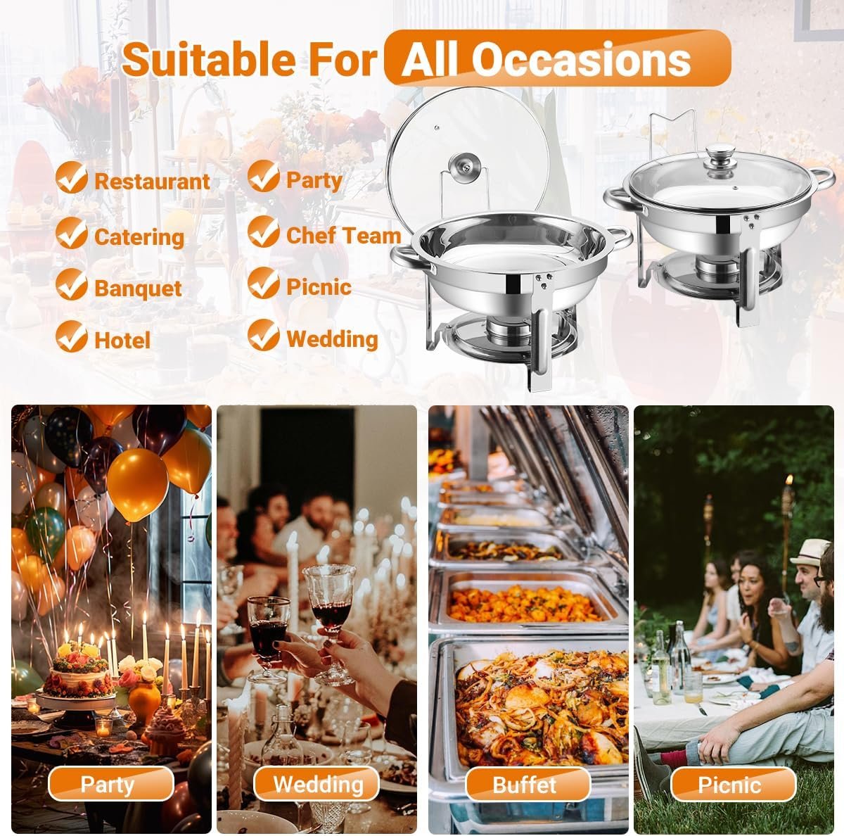 Chafing Dish Buffet Set 4 Pack,Stainless Steel Round Buffet Servers and Warmers with Glass Lid and Built-in Lid Holder,Chafers for Catering,5QT Food Warmer for Parties Buffet