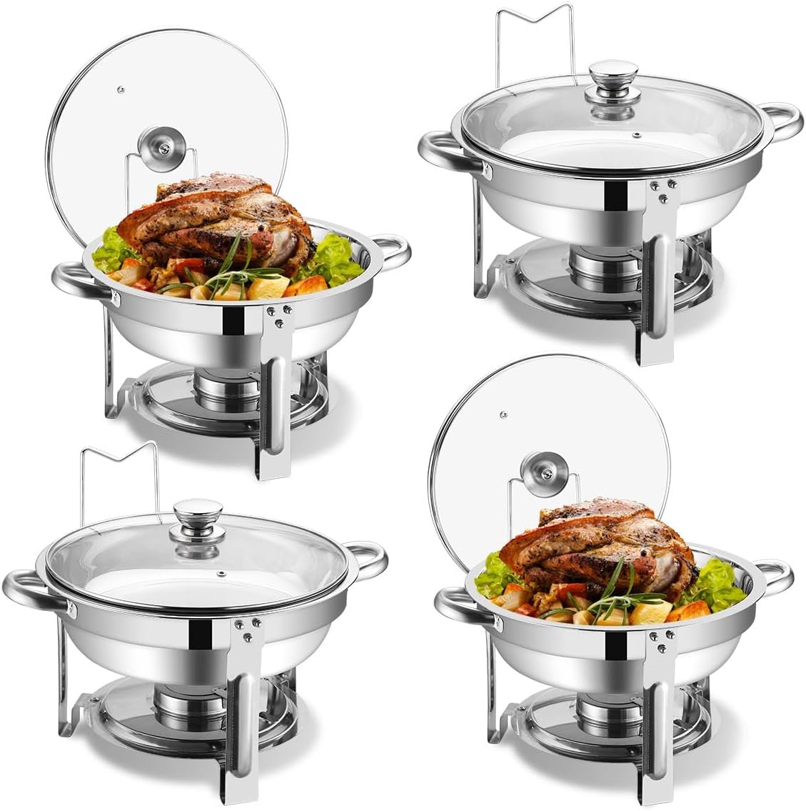 Chafing Dish Buffet Set 4 Pack,Stainless Steel Round Buffet Servers and Warmers with Glass Lid and Built-in Lid Holder,Chafers for Catering,5QT Food Warmer for Parties Buffet
