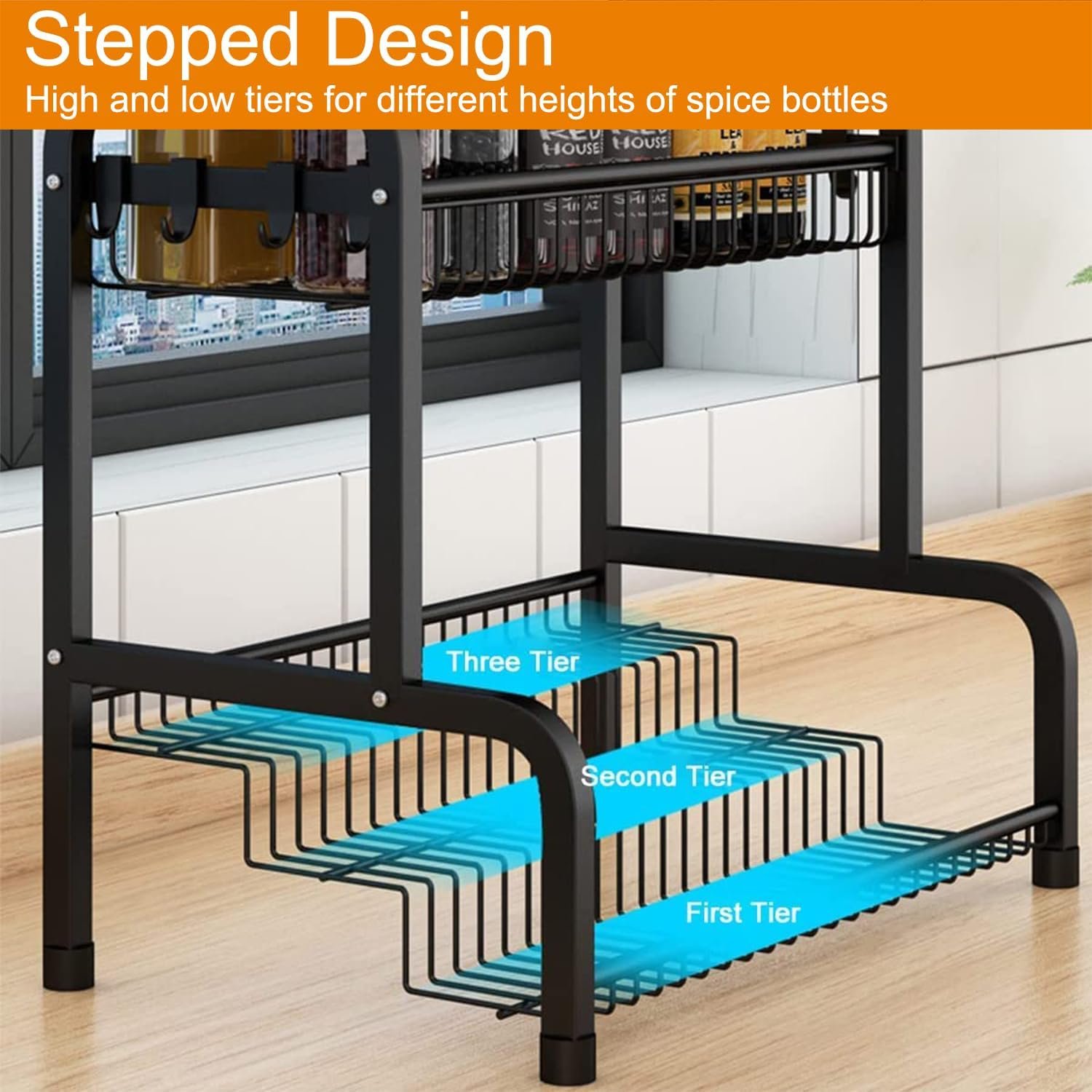 CHARMDI Stainless Steel 2 Tier Spice Rack Organizer for Countertop, 10 x 16.7 x 16.14 in, Black