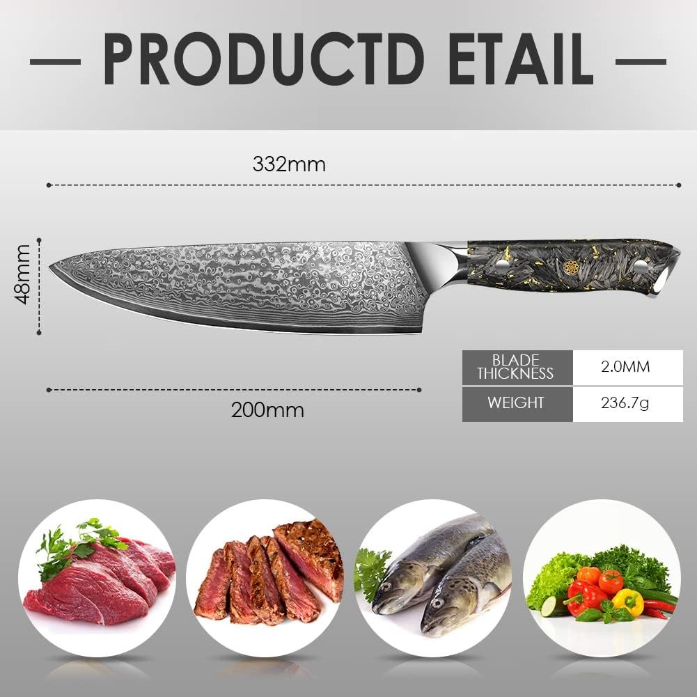 Chef Knife, 8 Inch Damascus Professional Black Gold Series Chefs Knife, Japanese VG-10 High Carbon Stainless Steel Vegetable Cooking Knife - G10 Ergonomic Black Gold Handle with Gift Box Chef Knife, 8 Inch Damascus Professional Black Gold Series Chefs Knife, Japanese VG-10 High Carbon Stainless Steel Vegetable Cooking Knife - G10 Ergonomic Black Gold Handle with Gift Box