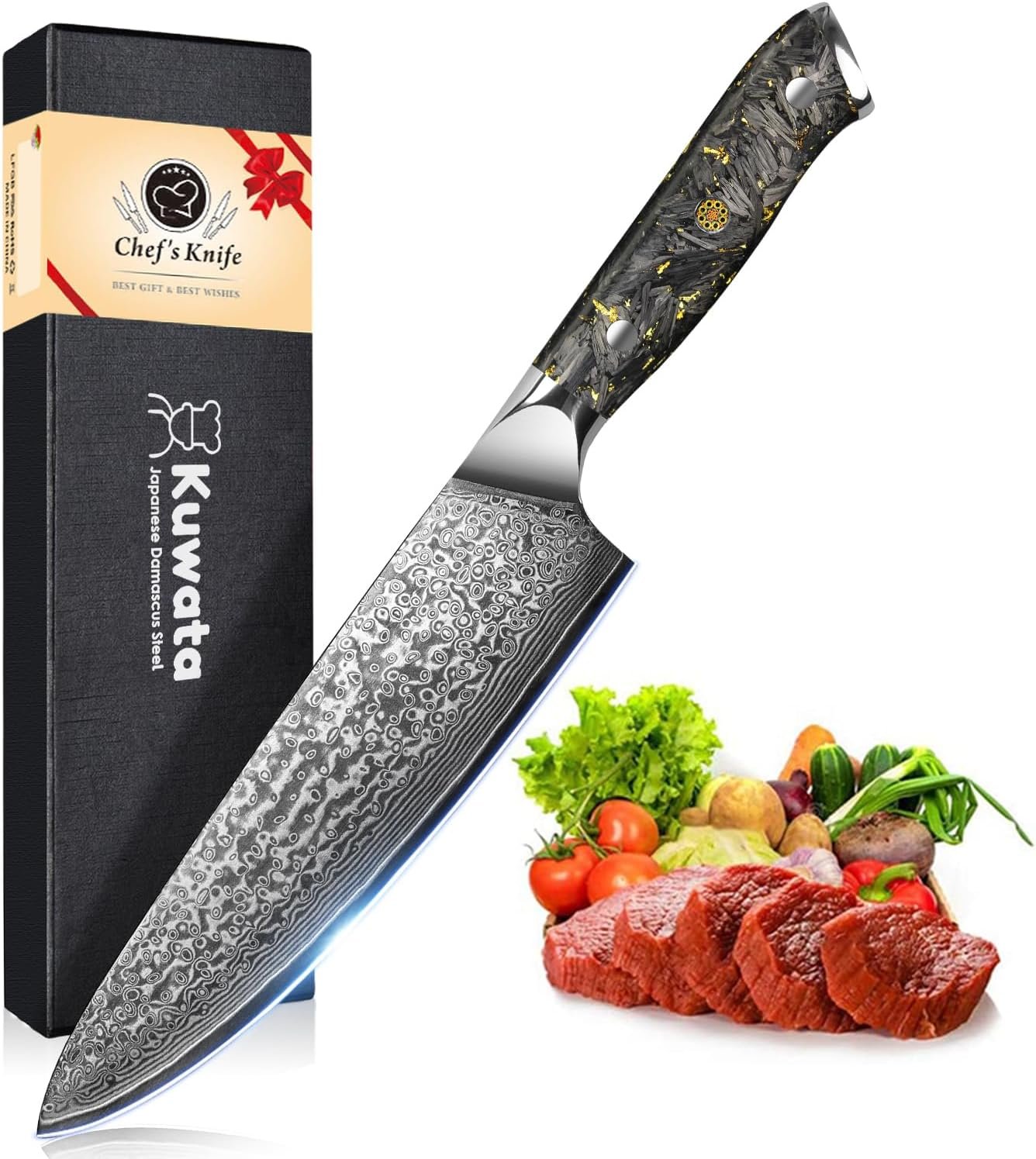 Chef Knife, 8 Inch Damascus Professional Black Gold Series Chefs Knife, Japanese VG-10 High Carbon Stainless Steel Vegetable Cooking Knife - G10 Ergonomic Black Gold Handle with Gift Box Chef Knife, 8 Inch Damascus Professional Black Gold Series Chefs Knife, Japanese VG-10 High Carbon Stainless Steel Vegetable Cooking Knife - G10 Ergonomic Black Gold Handle with Gift Box