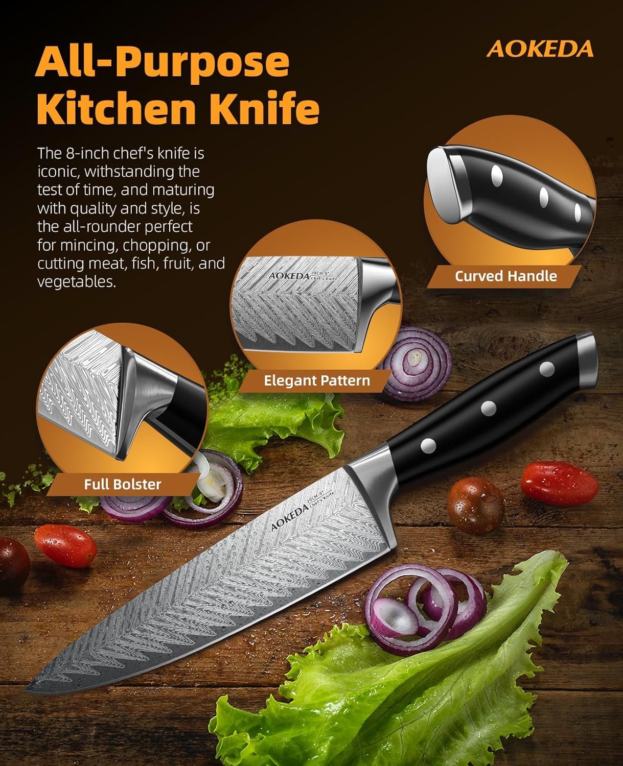 Chef Knife, 8-Inch Kitchen Knife, German High Carbon Stainless Steel Ultra Sharp Knife, Chefs Knives with Ergonomic Handle (Plumetal)