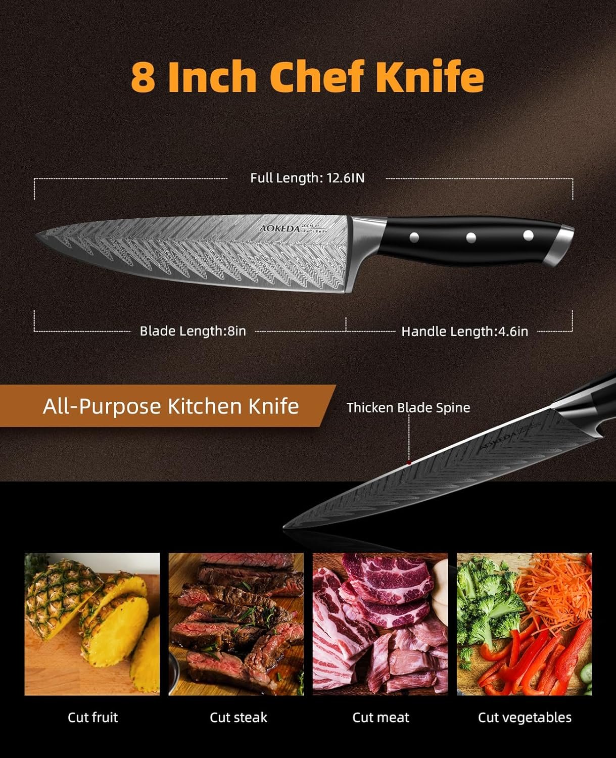 Chef Knife, 8-Inch Kitchen Knife, German High Carbon Stainless Steel Ultra Sharp Knife, Chefs Knives with Ergonomic Handle (Plumetal)