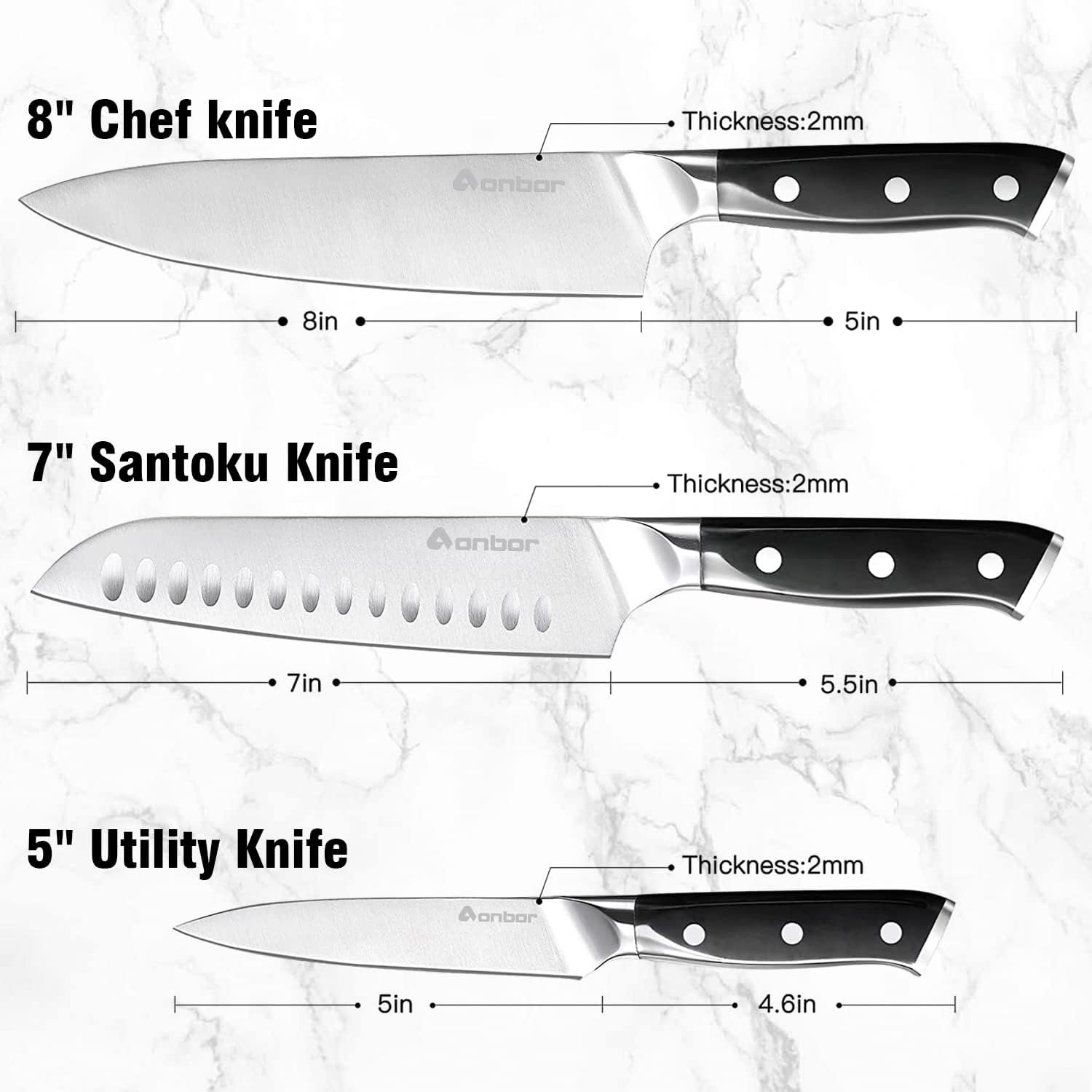 Chef Knife Set 3-Piece, Aonbor Japanese Knife, 8 Chefs Knife  7 Santoku Knife 5 Utility Knife, Black Sharp Kitchen Knife Set, 5cr15mov High Carbon Stainless Ste