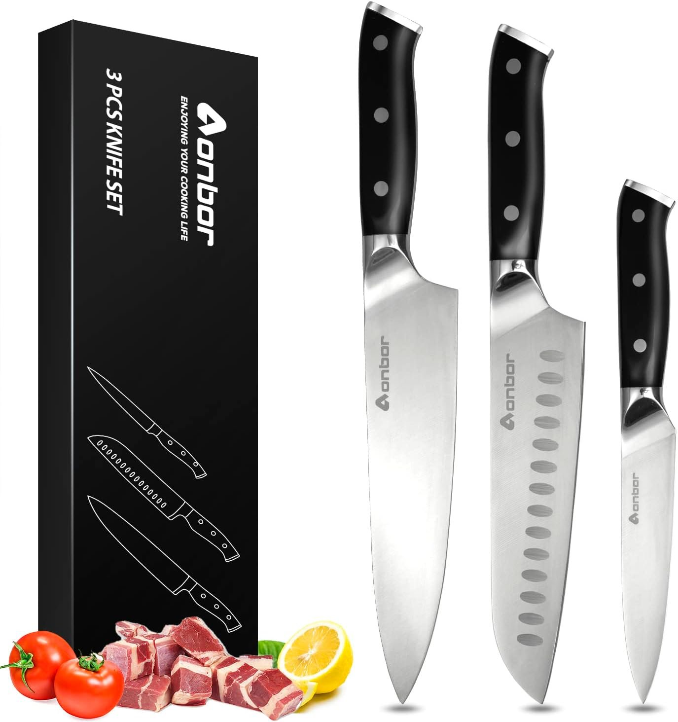 Chef Knife Set 3-Piece, Aonbor Japanese Knife, 8 Chefs Knife  7 Santoku Knife 5 Utility Knife, Black Sharp Kitchen Knife Set, 5cr15mov High Carbon Stainless Ste