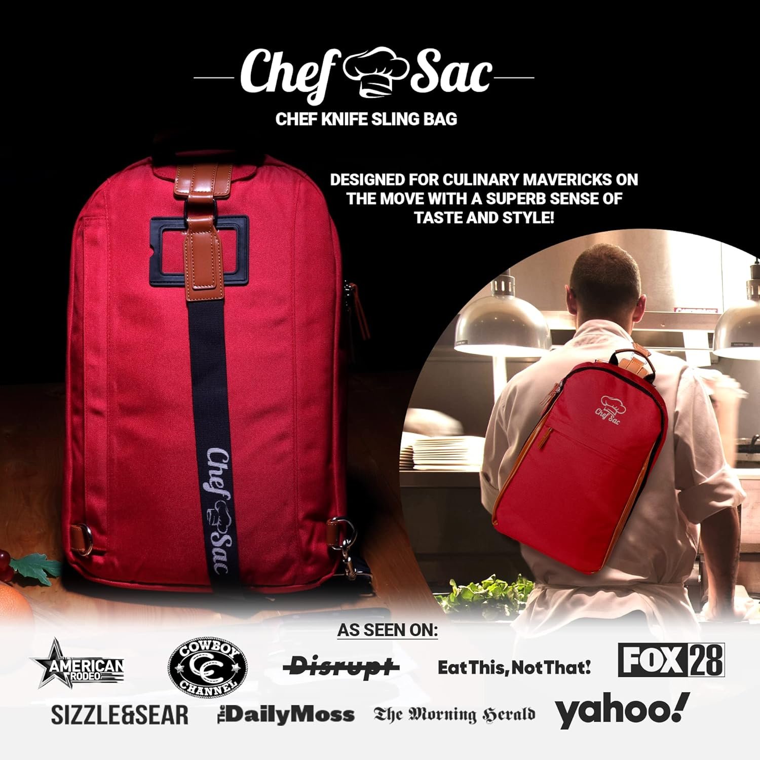 Chef Knife Sling Bag Case | 21+ Pockets for Knives  Kitchen Utensils | 2 Large Pockets for Tablet  Notebooks | FORTIFIED BALLISTIC NYLON (Red)