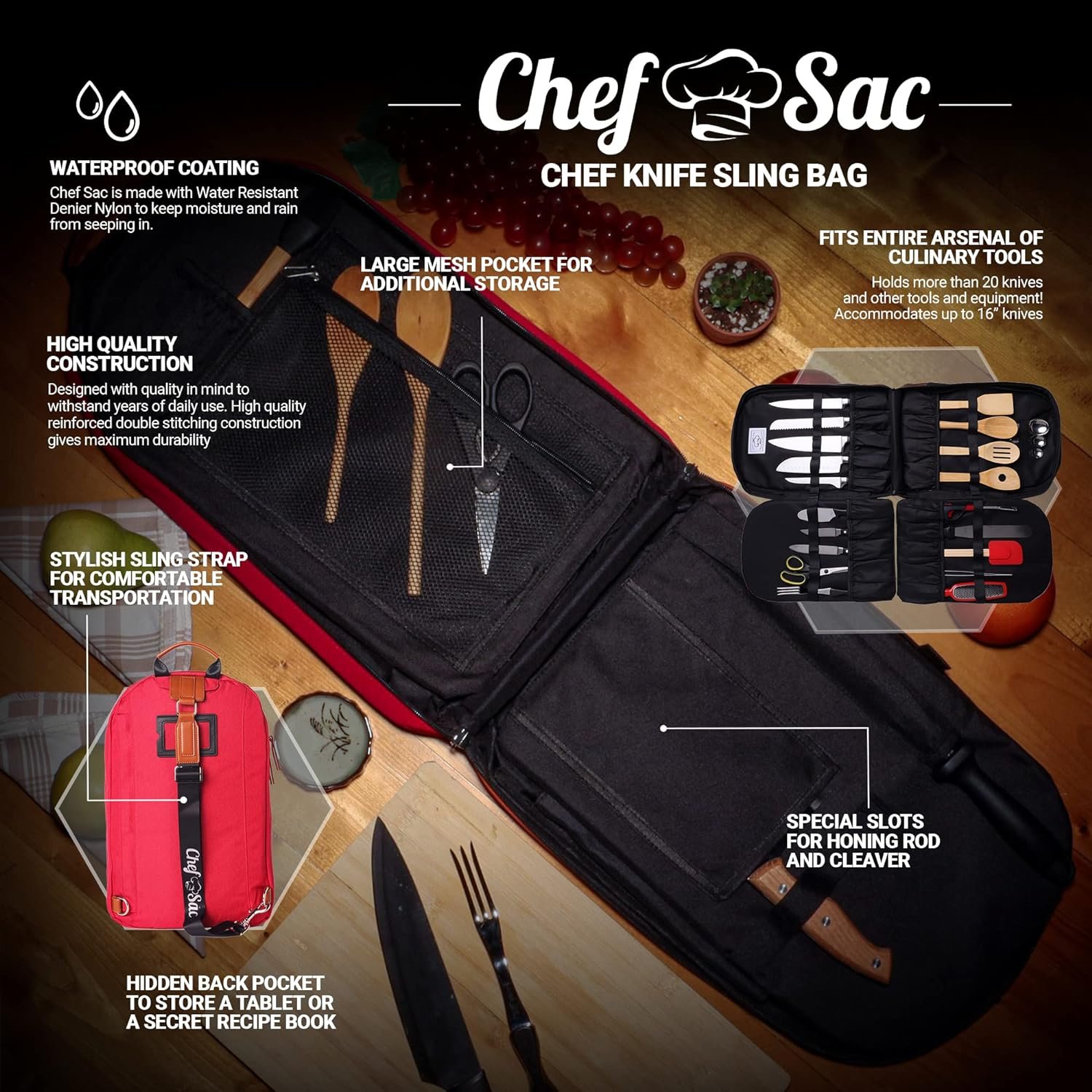 Chef Knife Sling Bag Case | 21+ Pockets for Knives  Kitchen Utensils | 2 Large Pockets for Tablet  Notebooks | FORTIFIED BALLISTIC NYLON (Red)