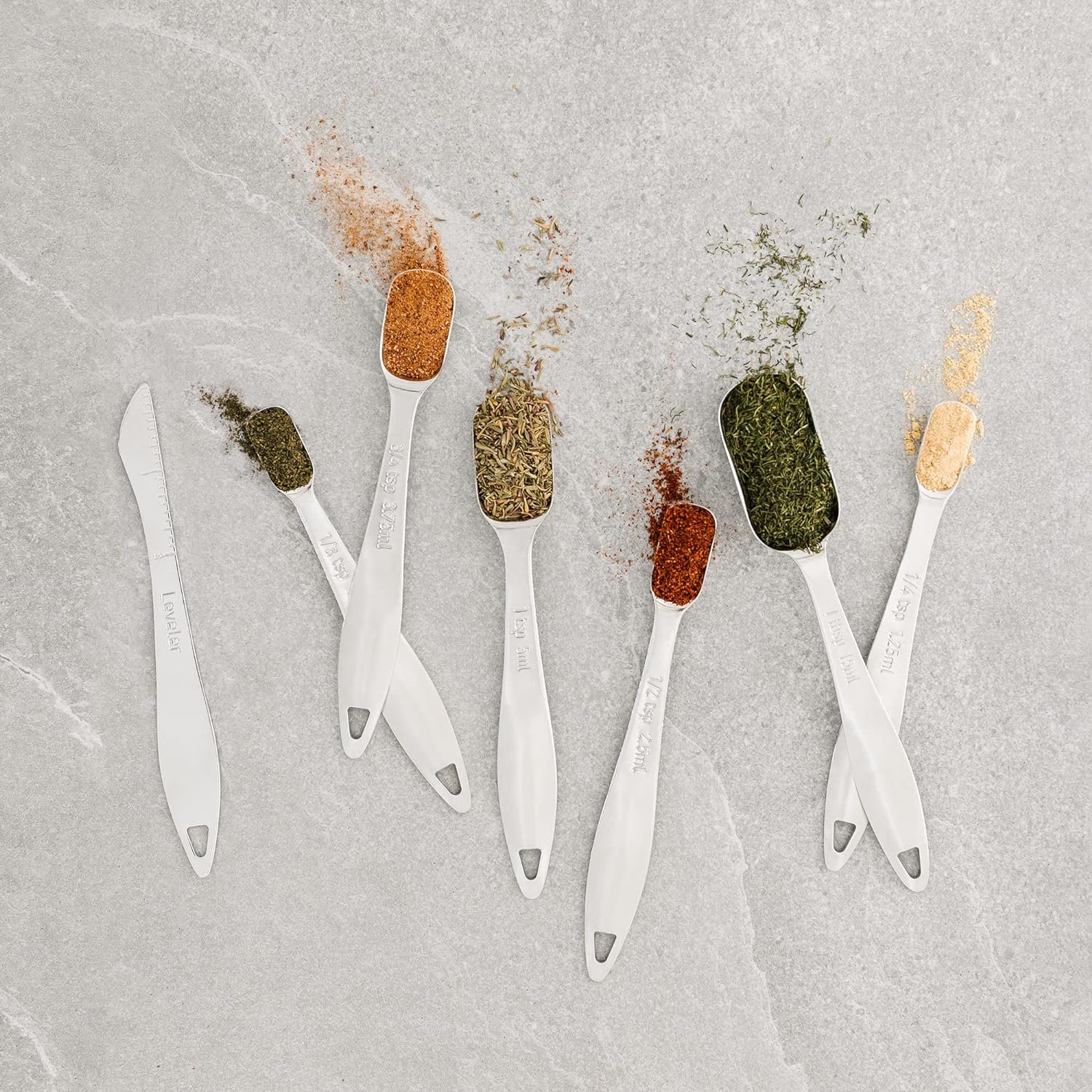 Chef Pomodoro Measuring Spoons 7-Piece Set, Stainless Steel Metal Measuring Spoons, Metric and US Laser Markings, Cooking Baking, Dry or Liquid, Fits in Spice Jars