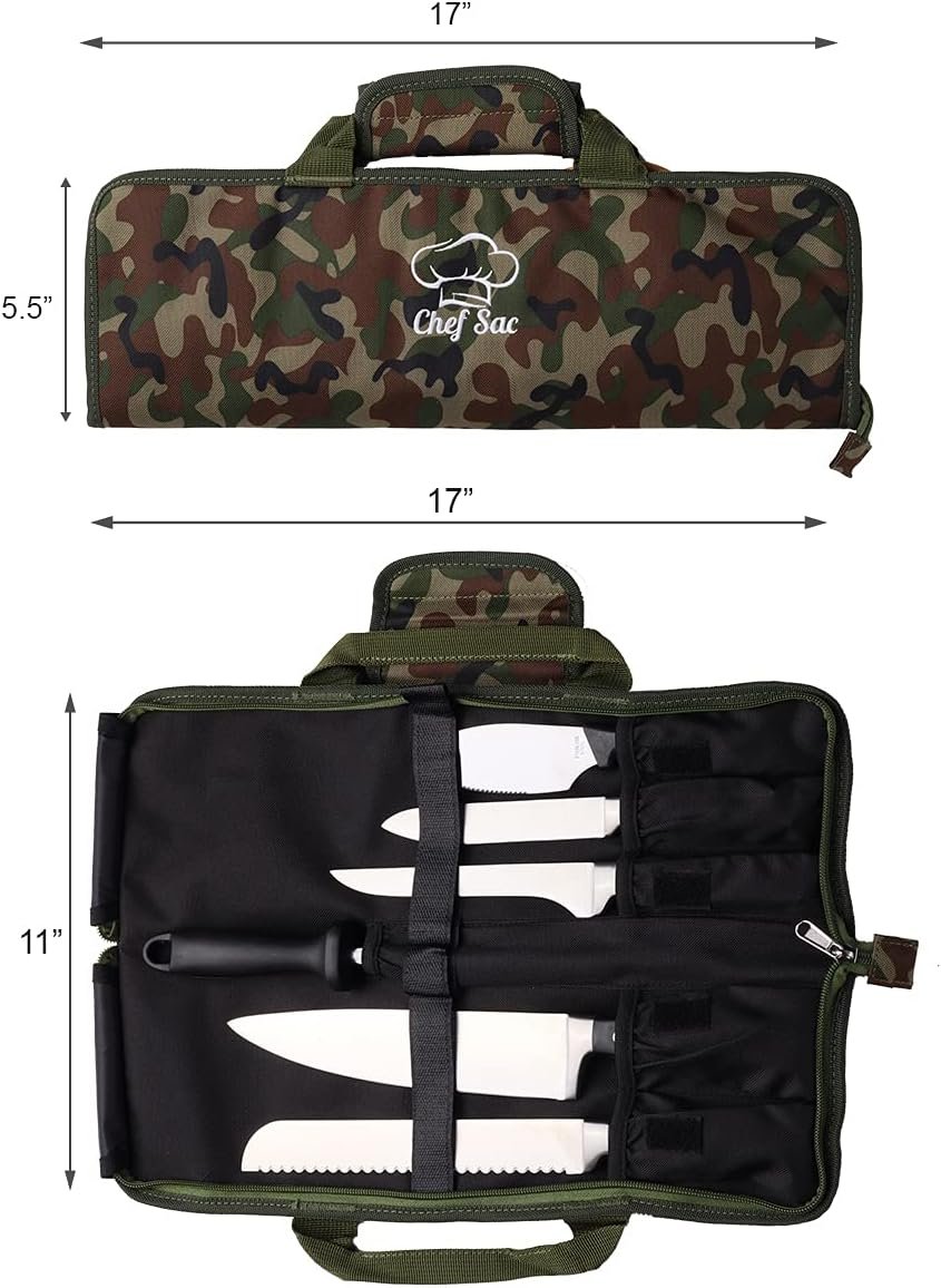 Chef Sac Chef Knife Roll Bag Travel Case | 8+ Slots for Knives  Tools | 2 Flaps with Cleaver  Mesh Pocket | Chef Knife Case for Professional  Culinary Work | Knives Not Included (Army Green)