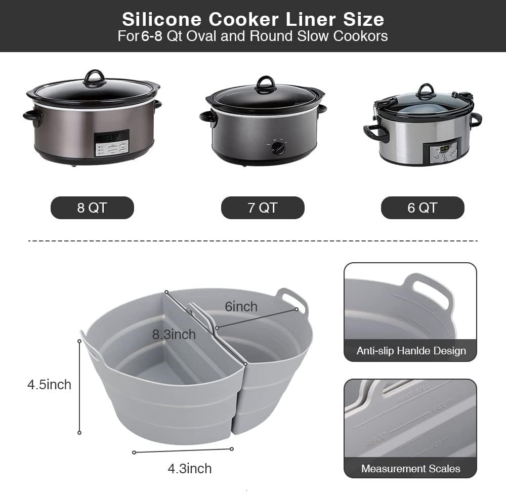 ChefAid Slow Cooker Divider Liners with Handle, 100% Silicone Reusable Slow Cooker Liners Compatible with 6-8 Quart Oval or Round Slow Cooker, Fits 7 Quart Crockpot Liners (Grey, 2 Pack)