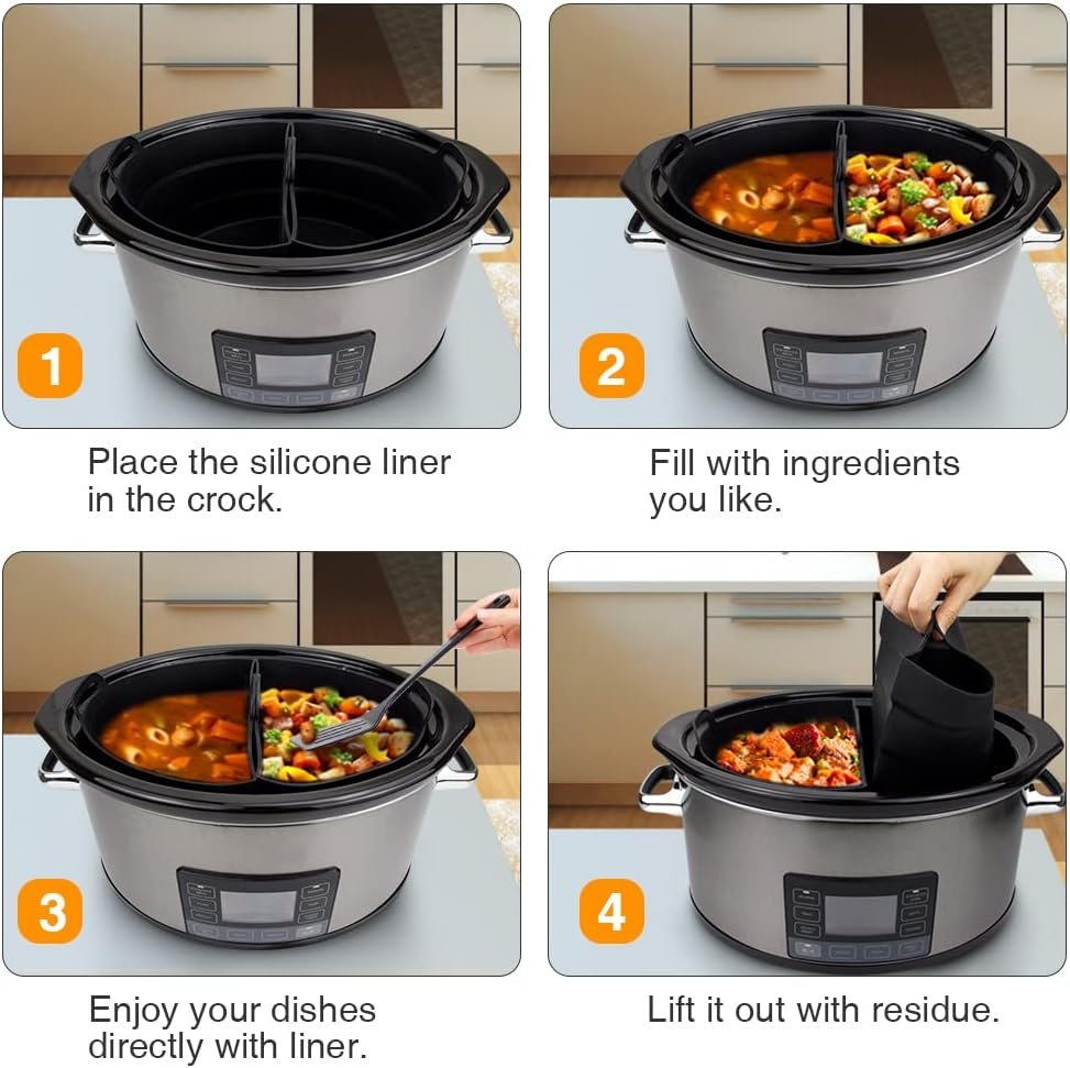ChefAid Slow Cooker Divider Liners with Handle, 100% Silicone Reusable Slow Cooker Liners Compatible with 6-8 Quart Oval or Round Slow Cooker, Fits 7 Quart Crockpot Liners (Grey, 2 Pack)