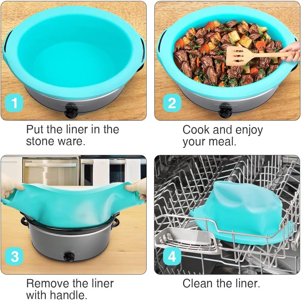ChefAid Slow Cooker Liners, 100% Silicone Reusable Crock Pot Insert Accessories for 6-8 Oval or Round Quart Slow Cookers, Food Safe  Dishwasher Safe (Grey-Mint)