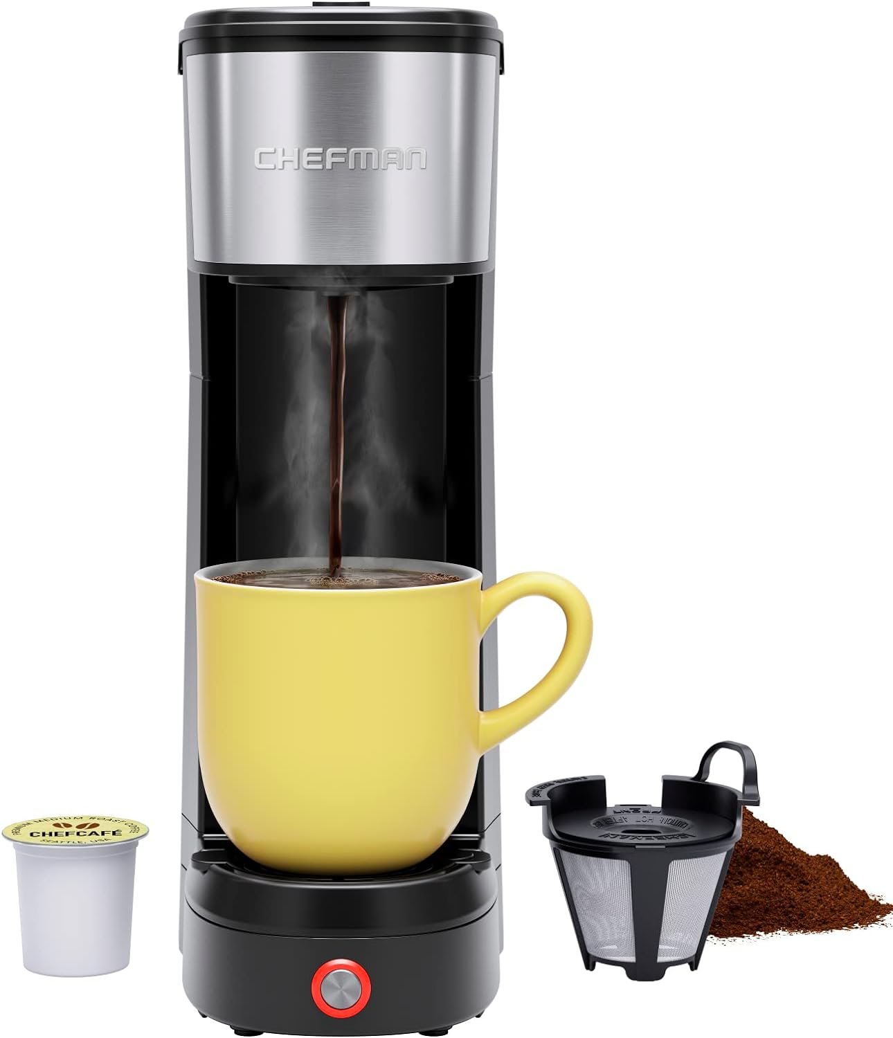 Chefman INSTACOFFEE MAX+ Pod  Coffee Ground Brewer with Lift  Water Reservoir-LR, 14 Ounces, Black