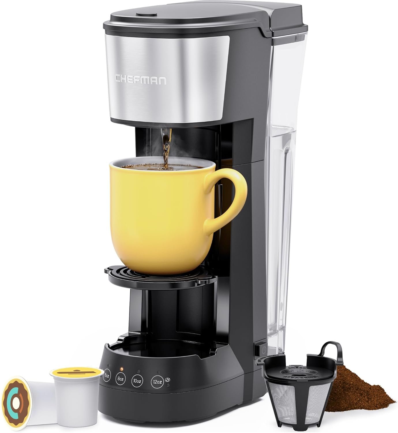 Chefman INSTACOFFEE MAX+ Pod  Coffee Ground Brewer with Lift  Water Reservoir-LR, 14 Ounces, Black