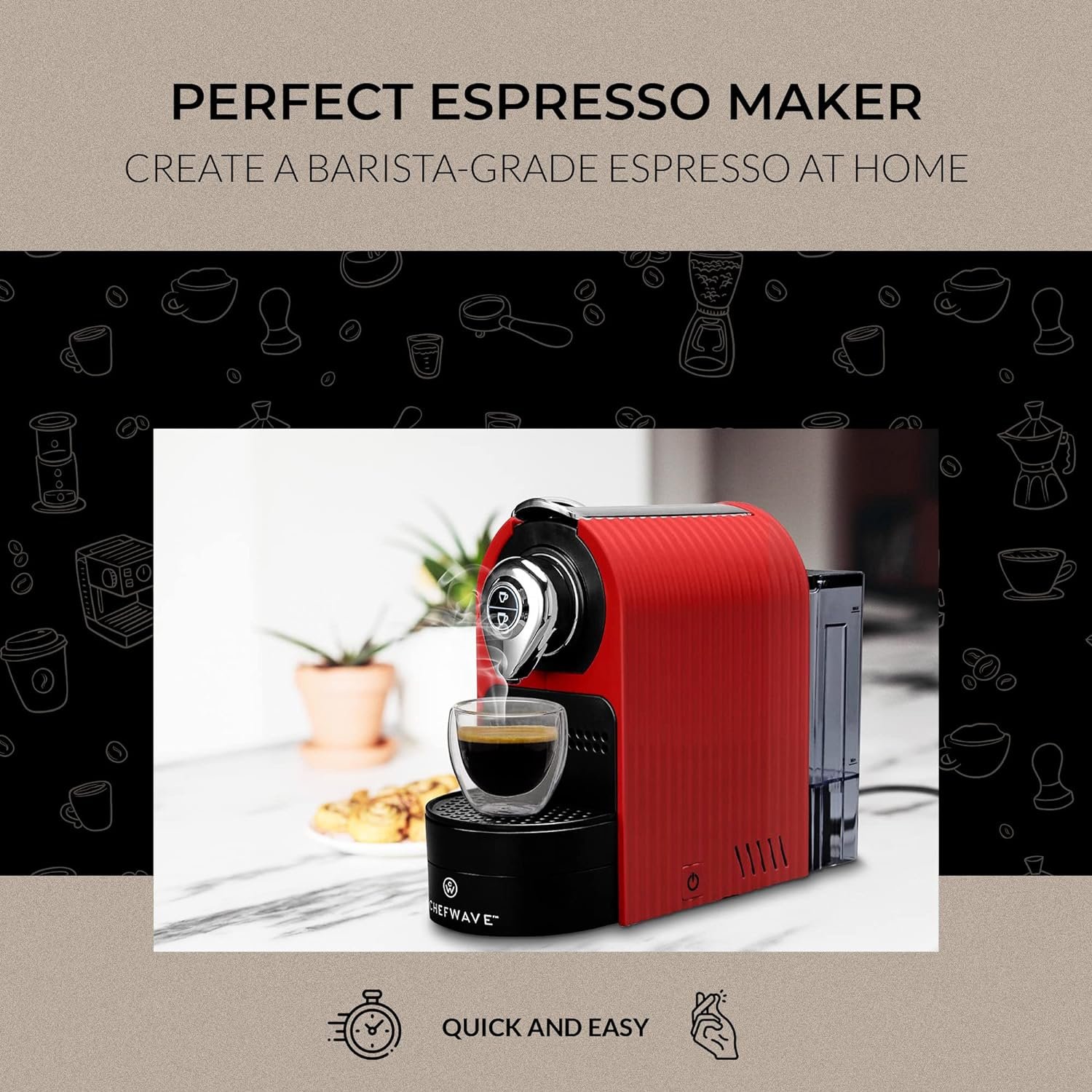 ChefWave Espresso Machine and Coffee Maker (Red) - Compatible with Nespresso Original Capsules, Programmable, One-Touch, Italian, 20 Bar High Pressure Pump Bundle with Pod Holder and Glasses