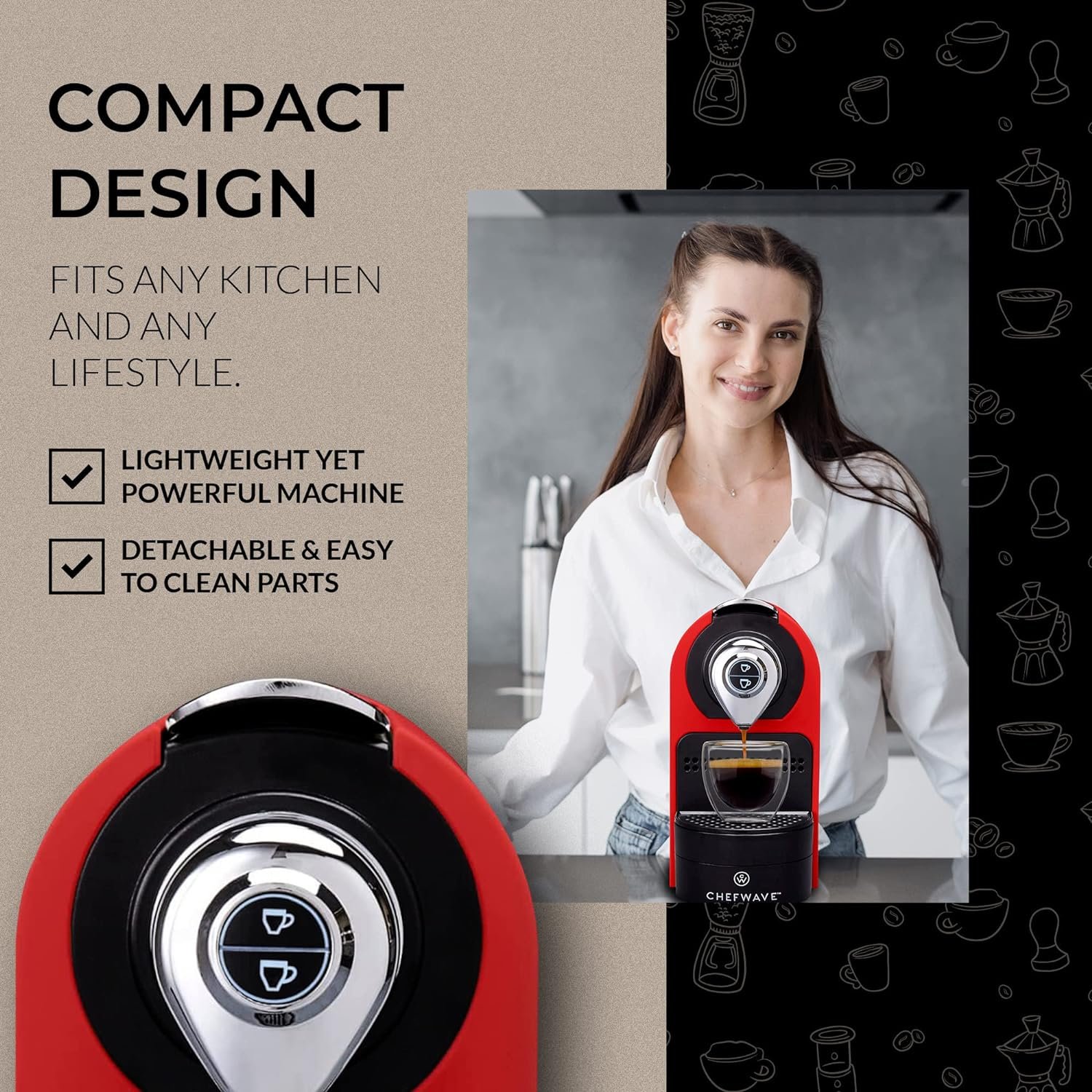ChefWave Espresso Machine and Coffee Maker (Red) - Compatible with Nespresso Original Capsules, Programmable, One-Touch, Italian, 20 Bar High Pressure Pump Bundle with Pod Holder and Glasses