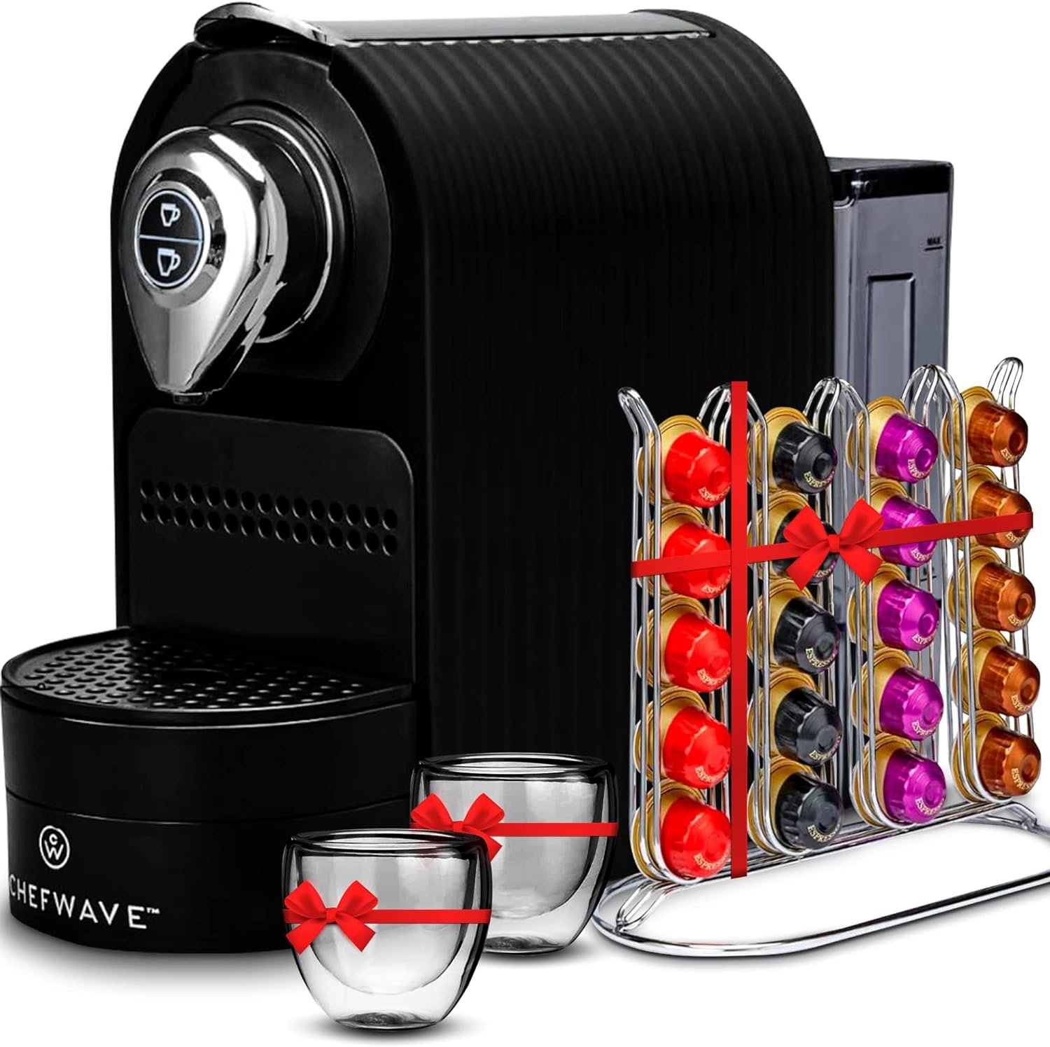 ChefWave Espresso Machine and Coffee Maker (Red) - Compatible with Nespresso Original Capsules, Programmable, One-Touch, Italian, 20 Bar High Pressure Pump Bundle with Pod Holder and Glasses