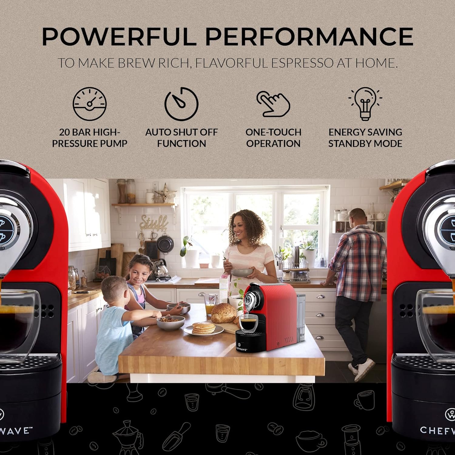 ChefWave Espresso Machine and Coffee Maker (Red) - Compatible with Nespresso Original Capsules, Programmable, One-Touch, Italian, 20 Bar High Pressure Pump Bundle with Pod Holder and Glasses